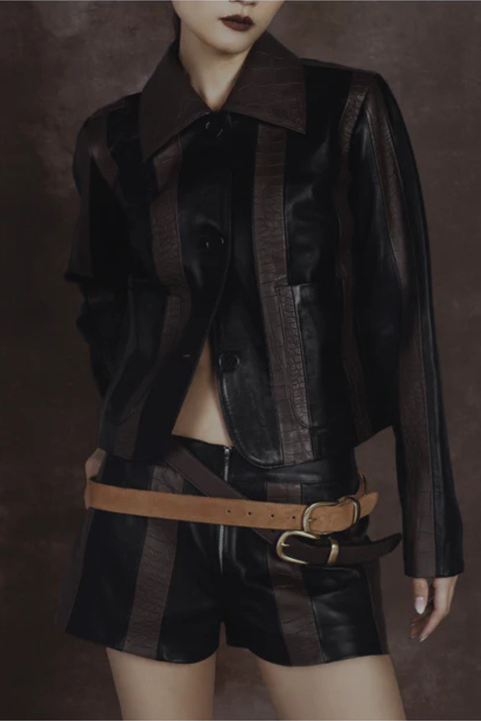 Harper Striped Leather Jacket Black x Brown croc