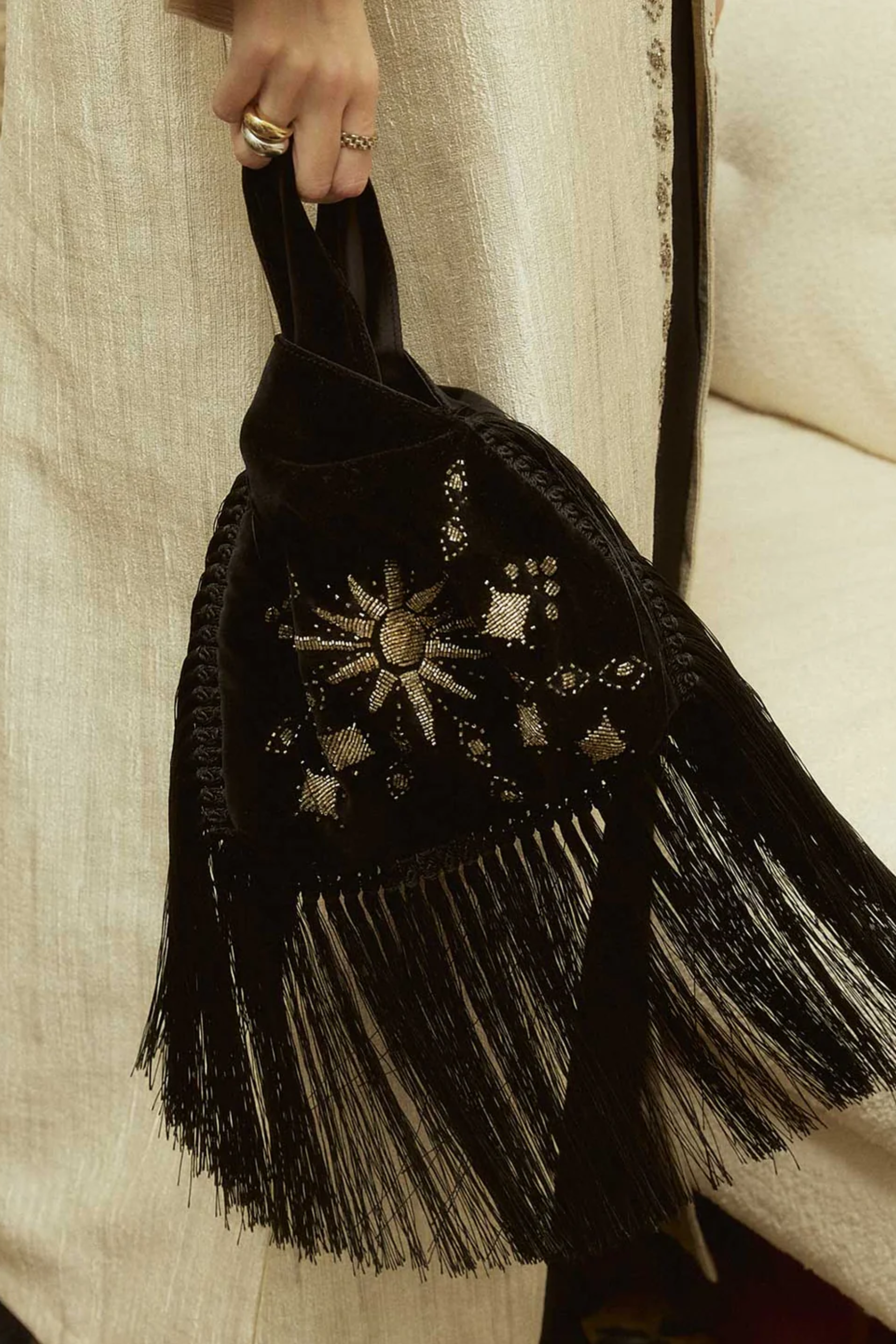 Sunrise on Black Velvet Slip Bag with Fringes