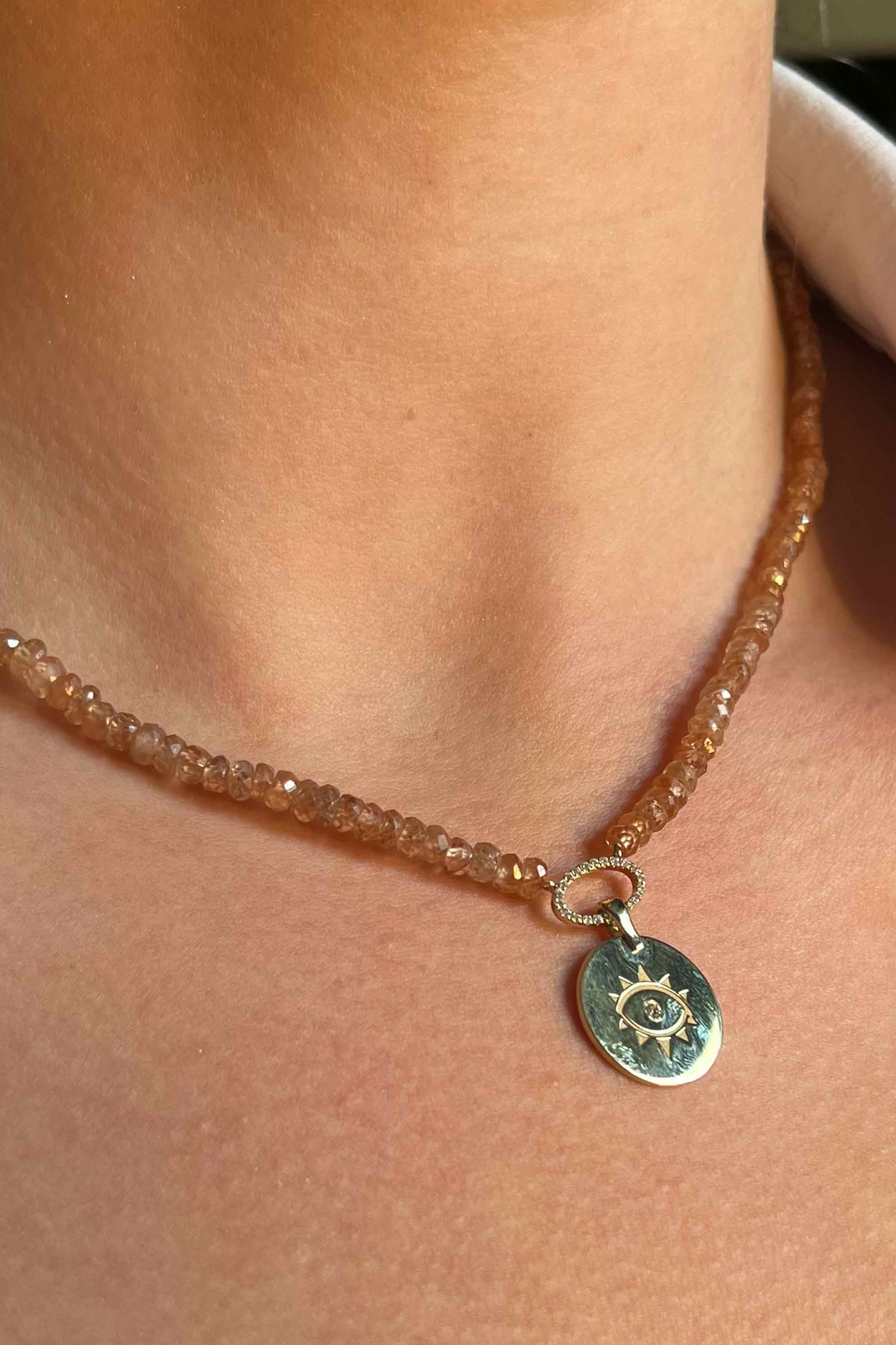Zircon Apricot Beaded Necklace With Coin Evil Eye Pendant