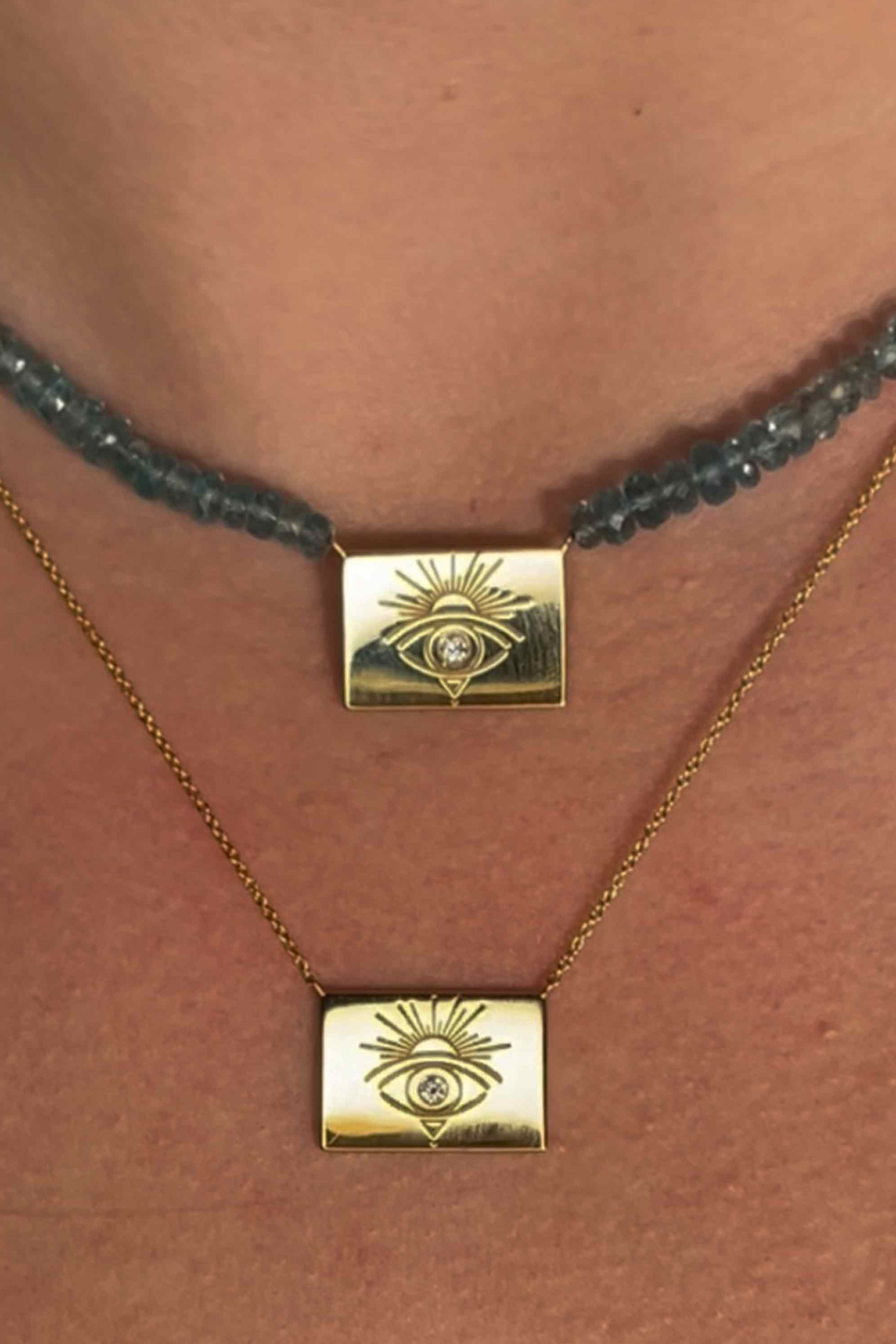 Apatite Beaded Necklace With Rectangle Sunset Eye
