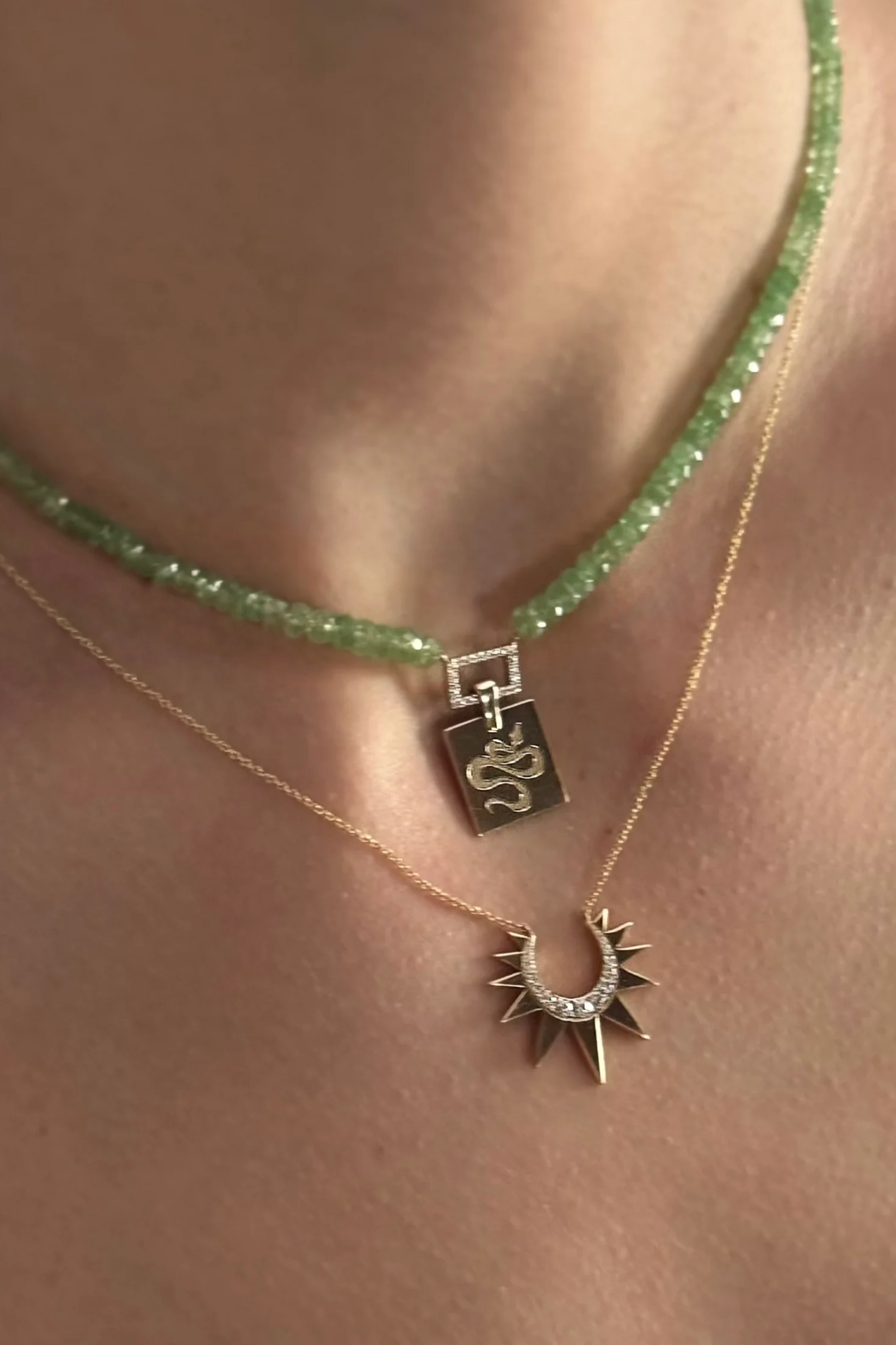 Tsavoite Beaded Necklace With Squared Snake Pendant