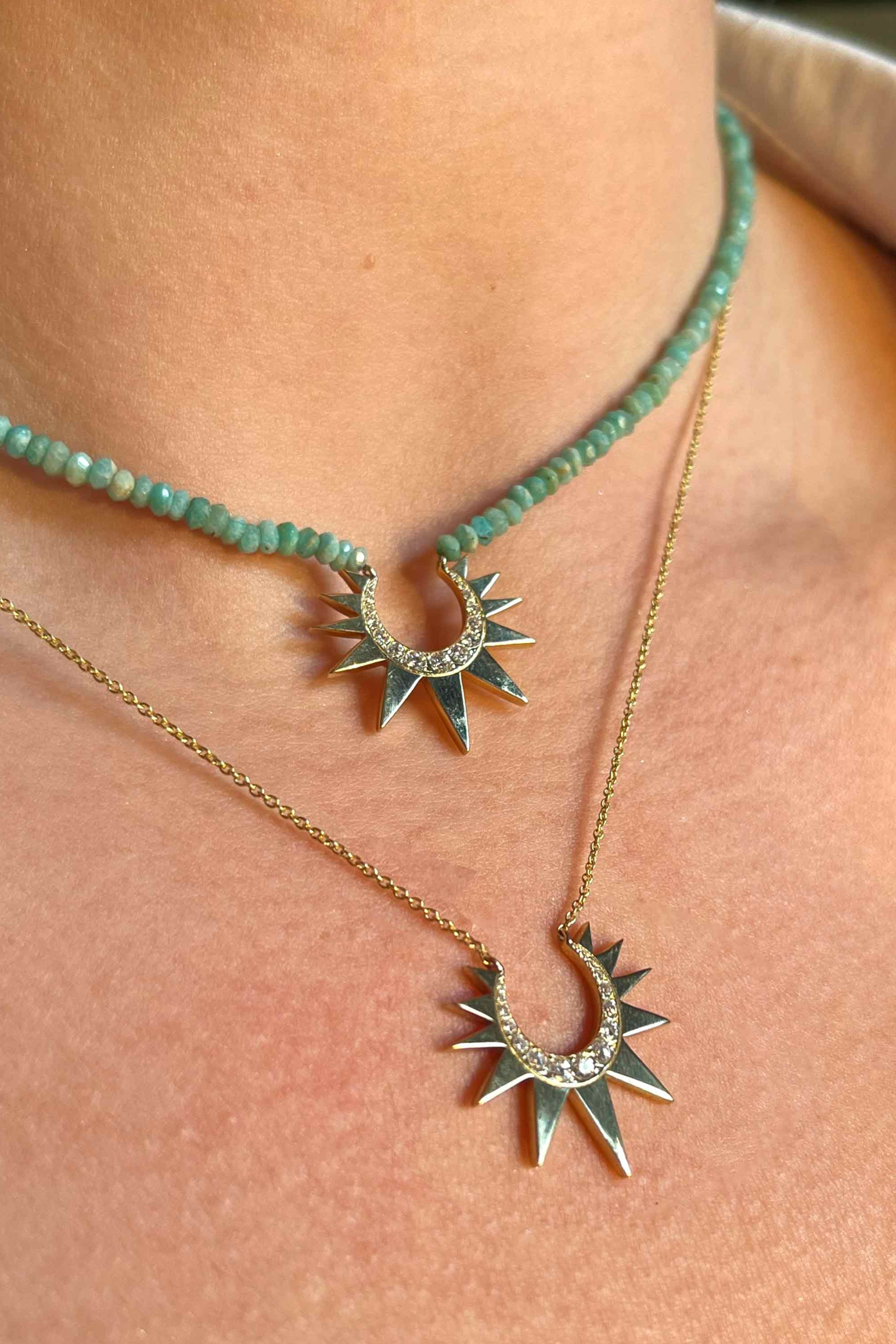 Chain Necklace With Small Diamond Crescent Sun