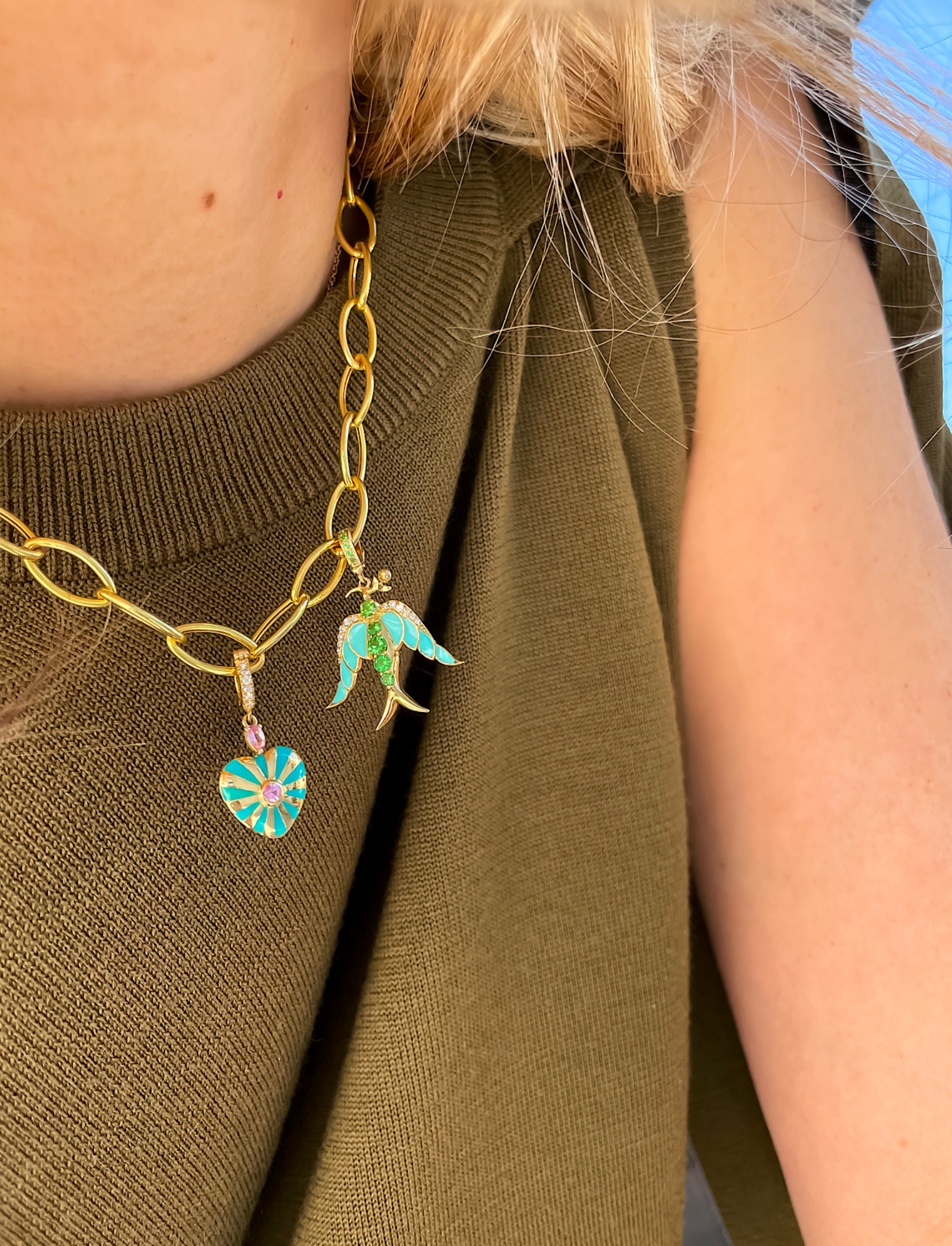Alica Bird Pendant Tsavorite & Turquoise Enamel