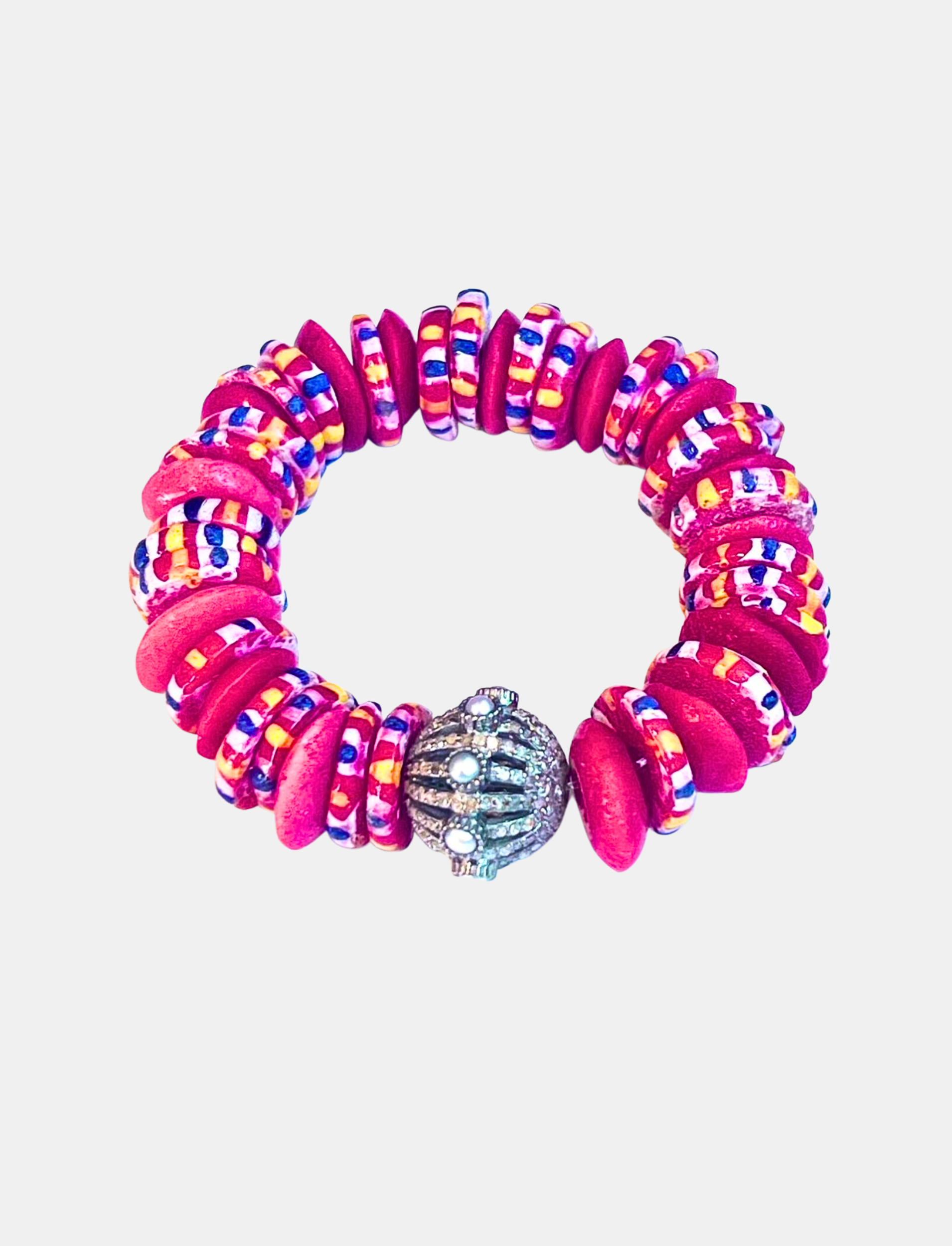 Blood Orange & Blue Ghana Pave Diamond & Pearl Dome Bracelet