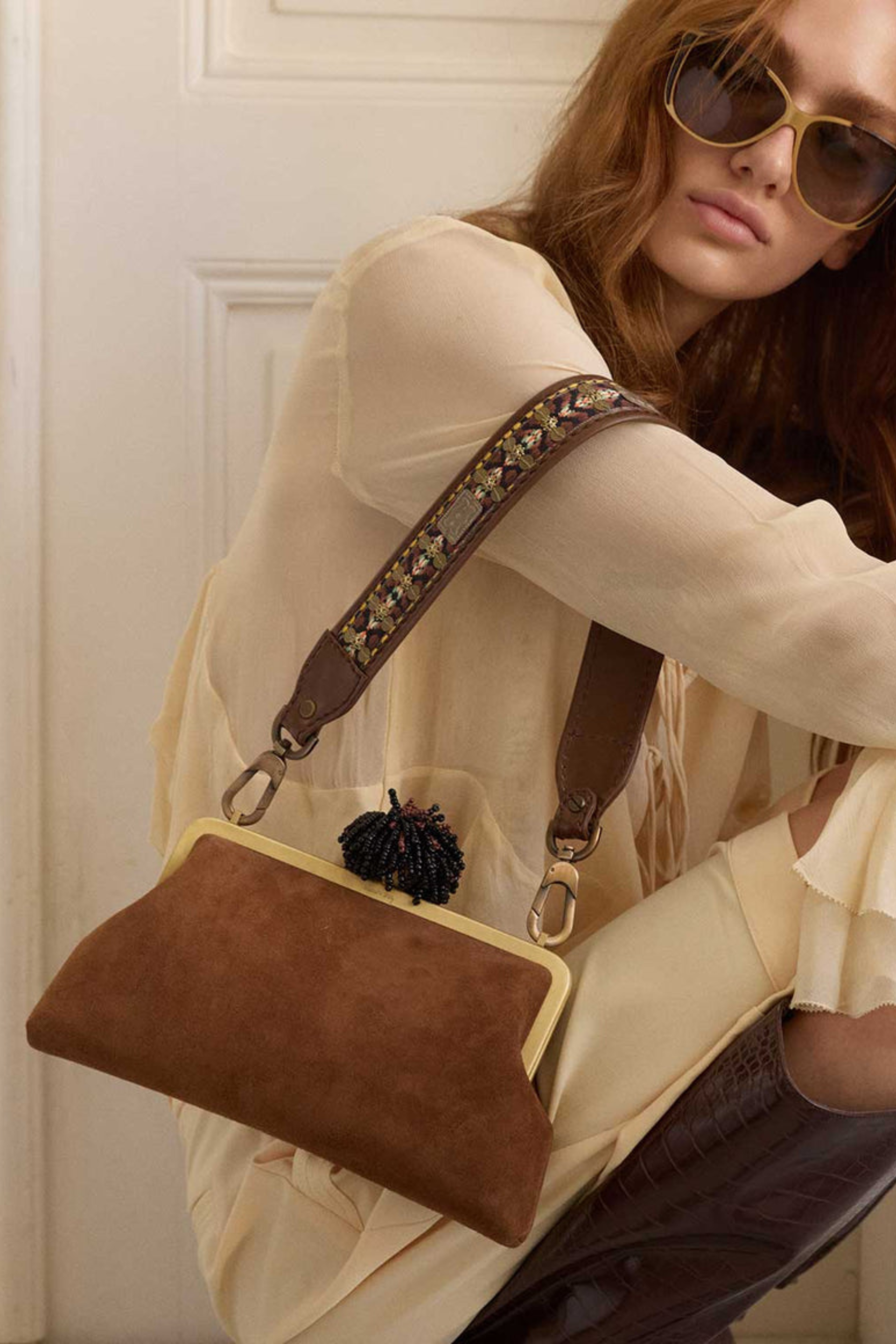 Dahlia On Brown Suede Classic Bag With Strap
