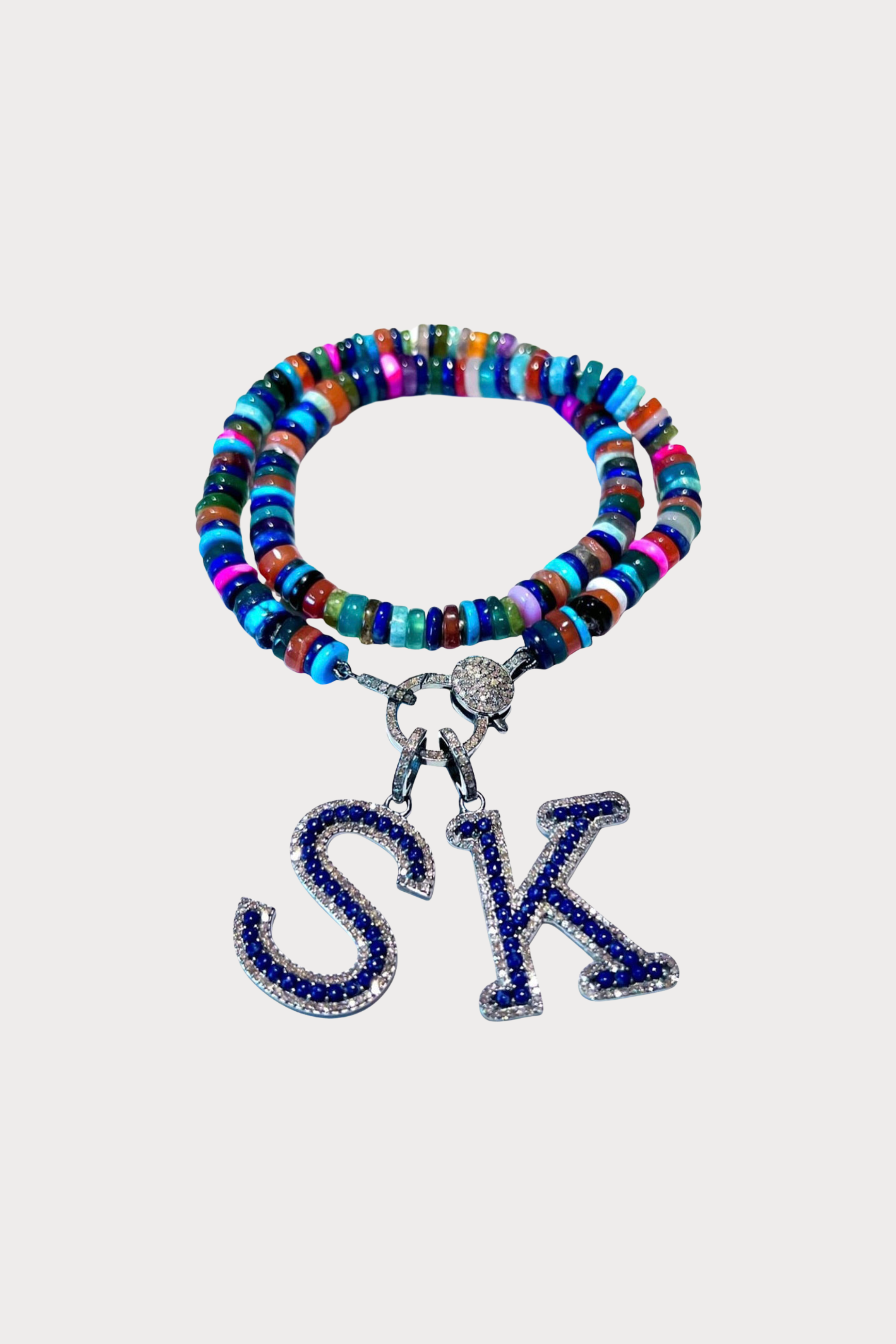 Multi Color Gem Knotted Diamond Lapis Letter Necklace