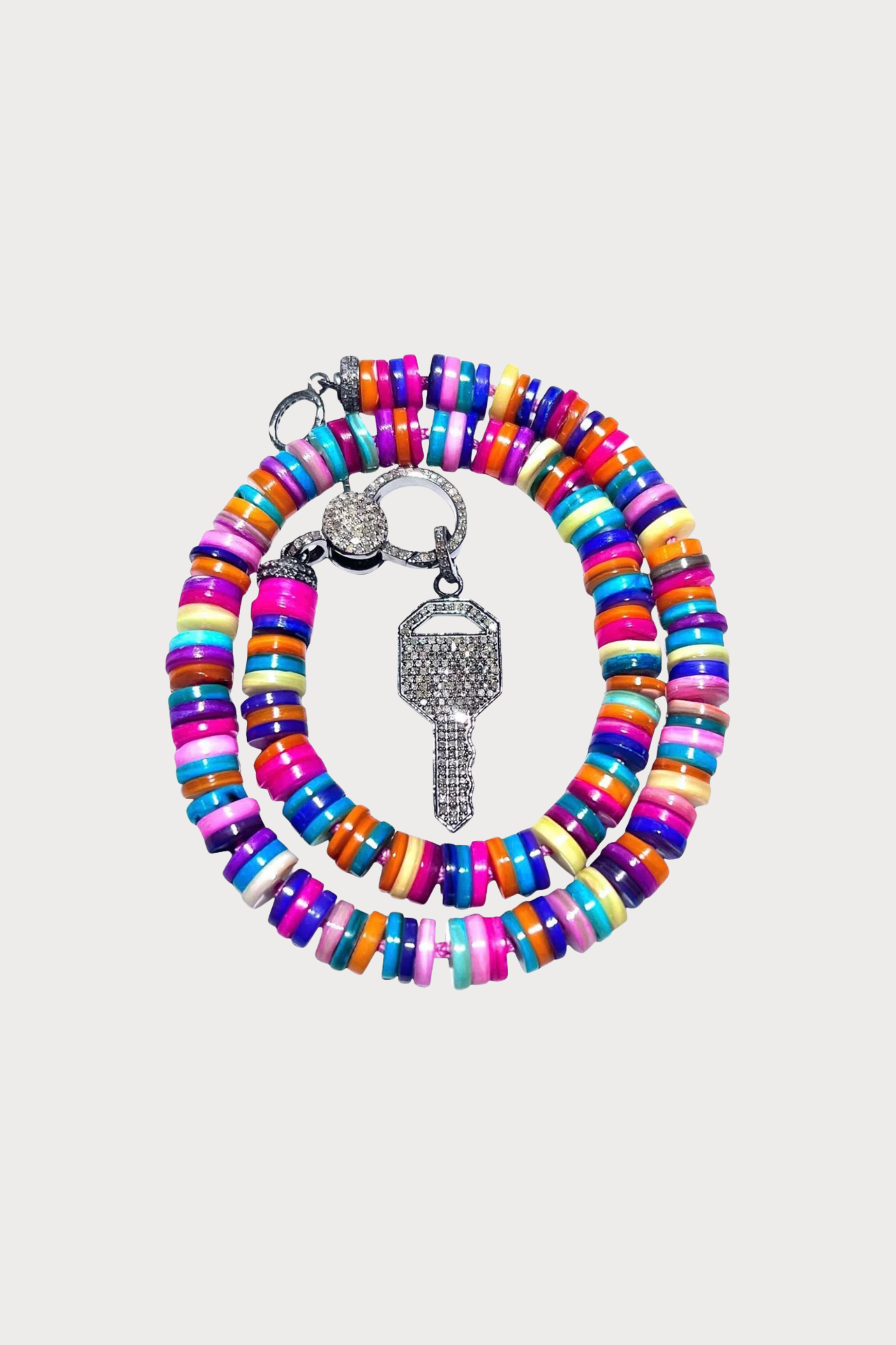Multi Color Knotted Necklace with a Diamond Key Pendant