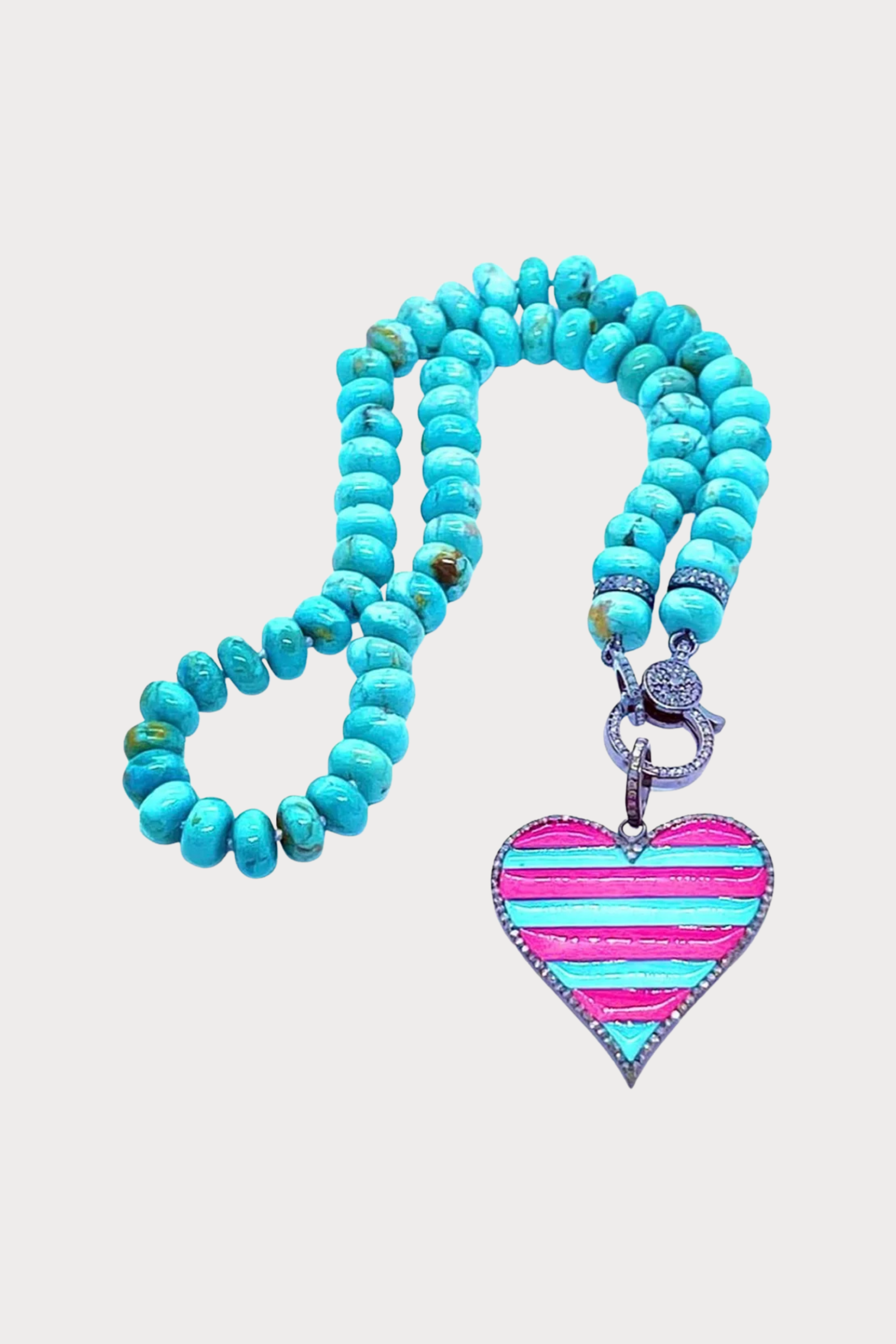 Turquoise Knotted Necklace with a Fuchsia & Turquoise Heart Pendant