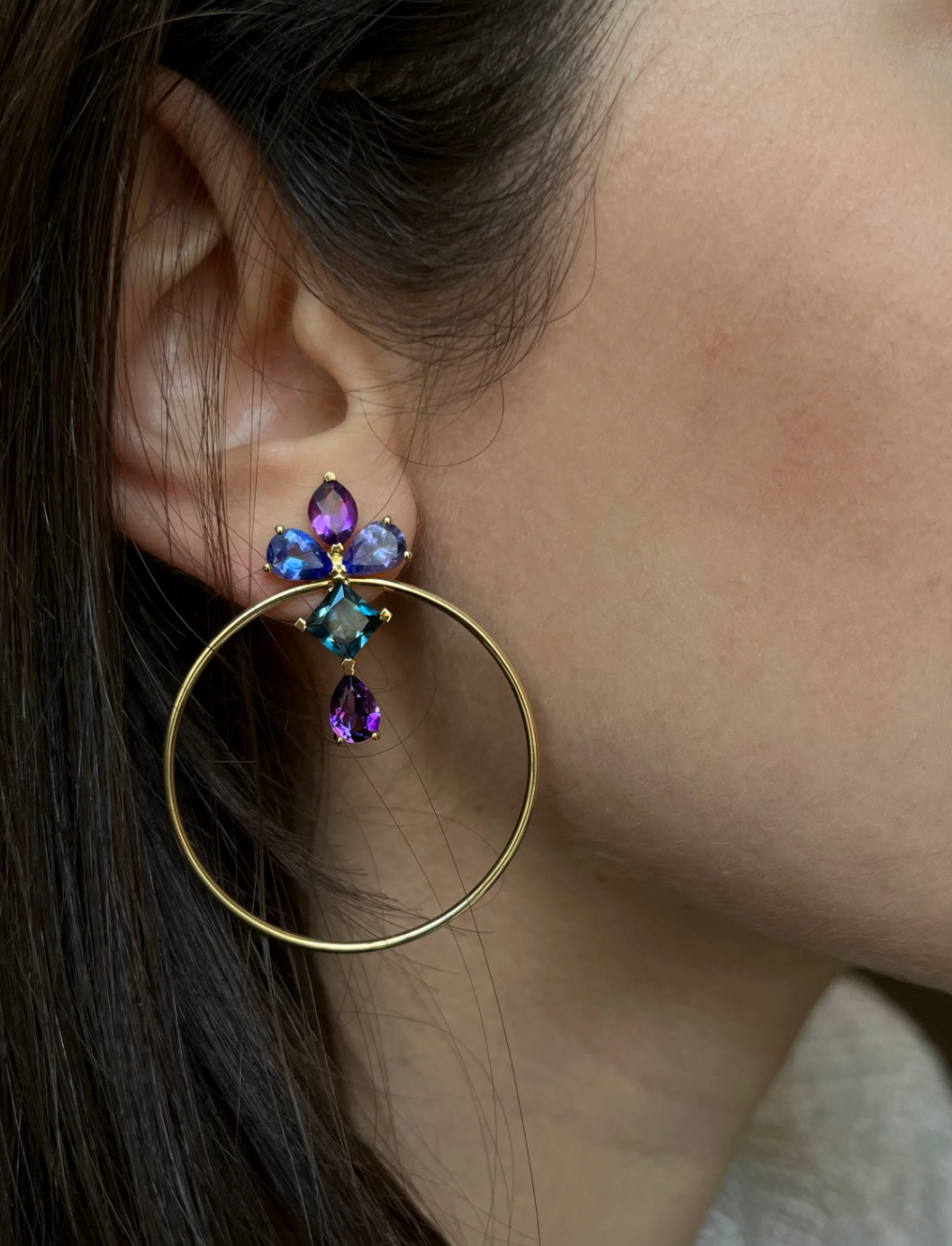 Blue Topaz, Amethyst, Tanzanite Small Hoop Earrings