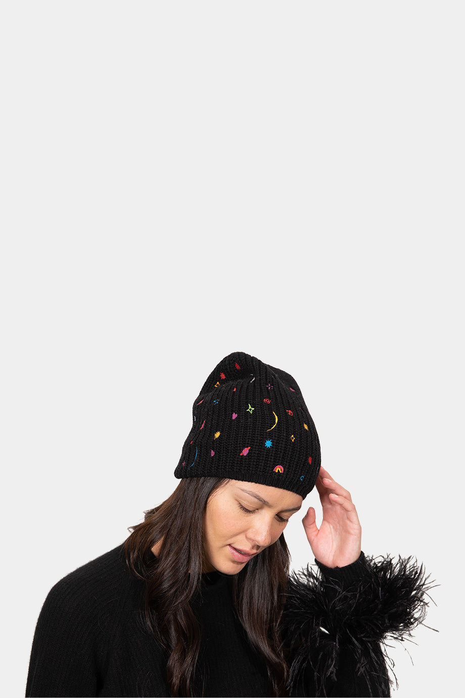 Merino Ribbed Beanie with Cosmic Embroidery