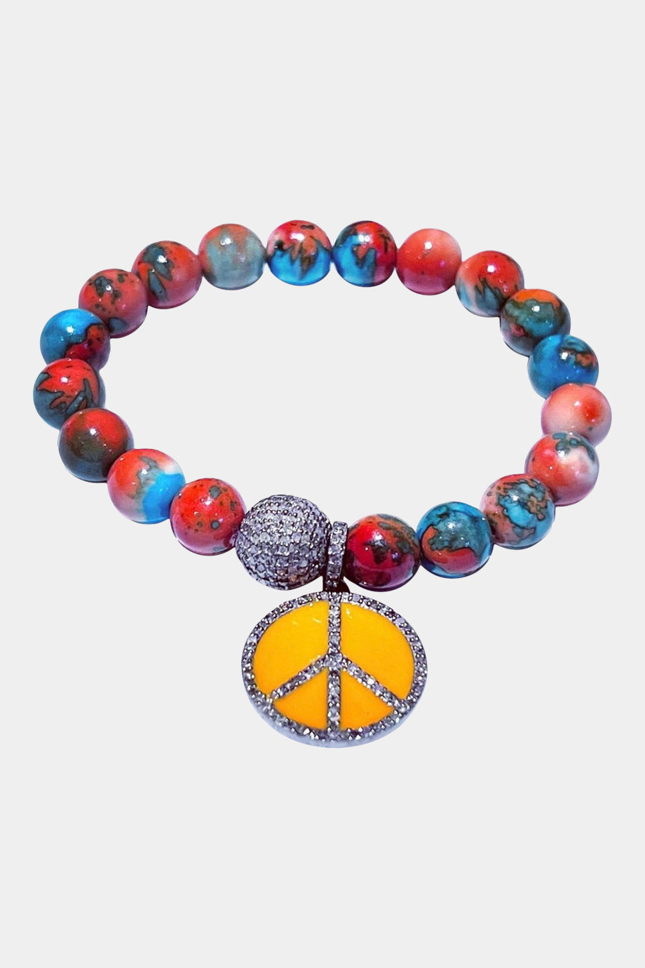 Jasper Orange & Turquoise Bracelet, Pave Diamond Ball, Pave Diamond Orange Enamel Peace
