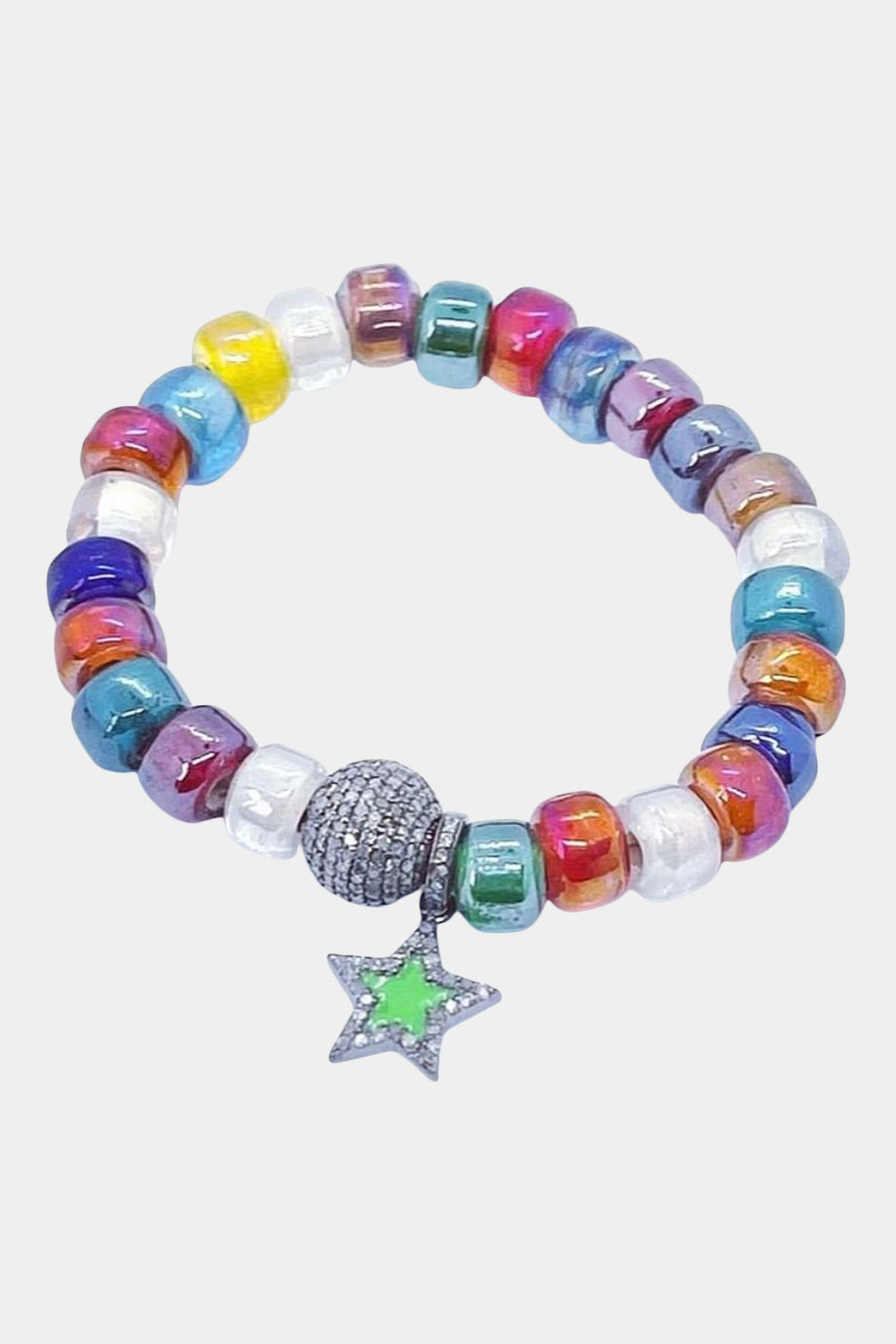 Multi Color Stretch Bracelet, Pave Diamond Ball, Pave Diamond Green