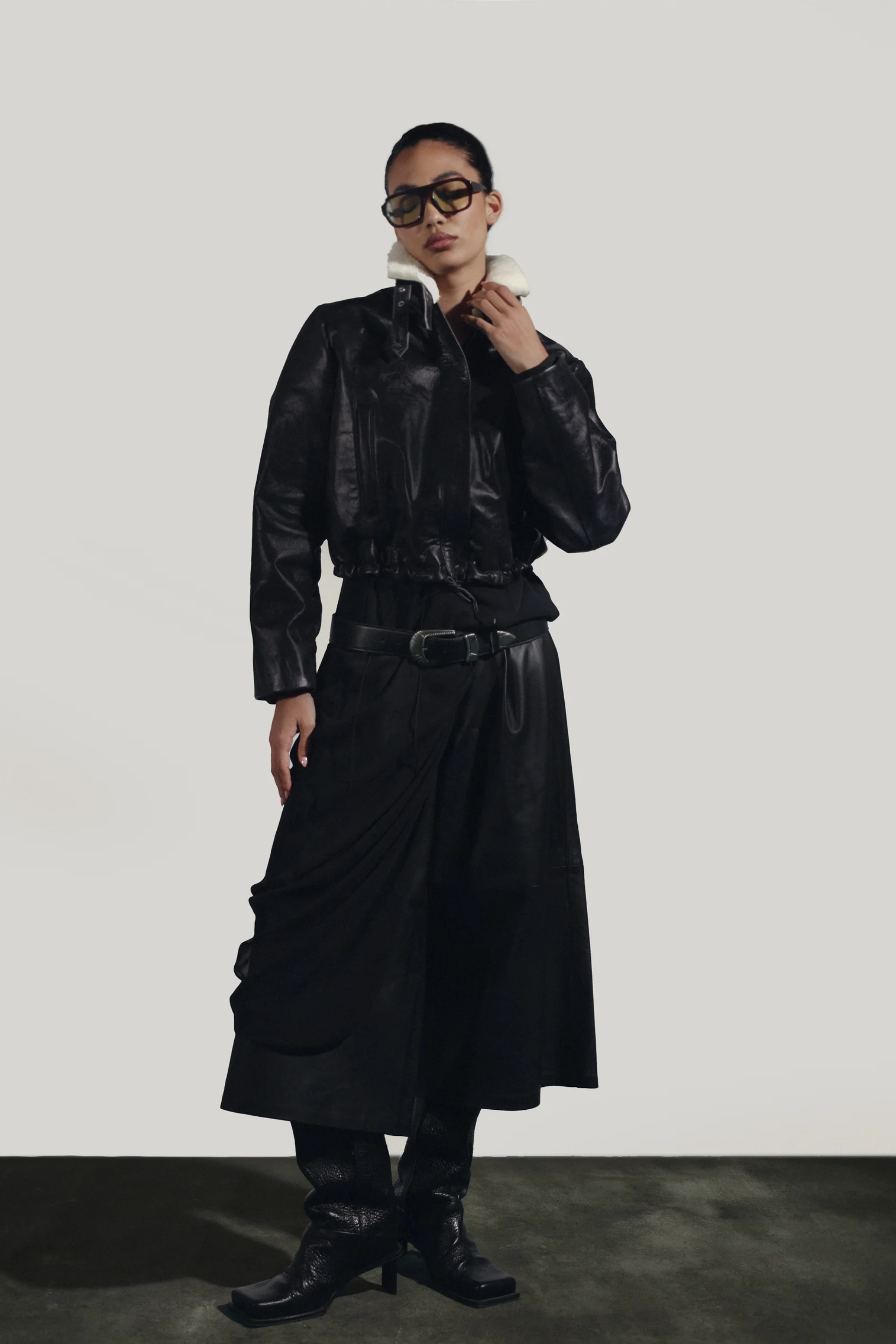 Jasper Leather Bomber Jacket Glossy Black