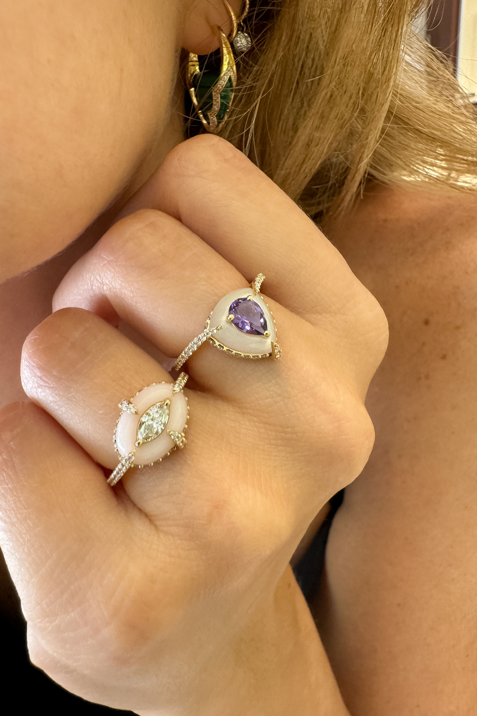 Amethyst Moonstone & Mother of Pearl Doublet Triangle Ring Merveilles