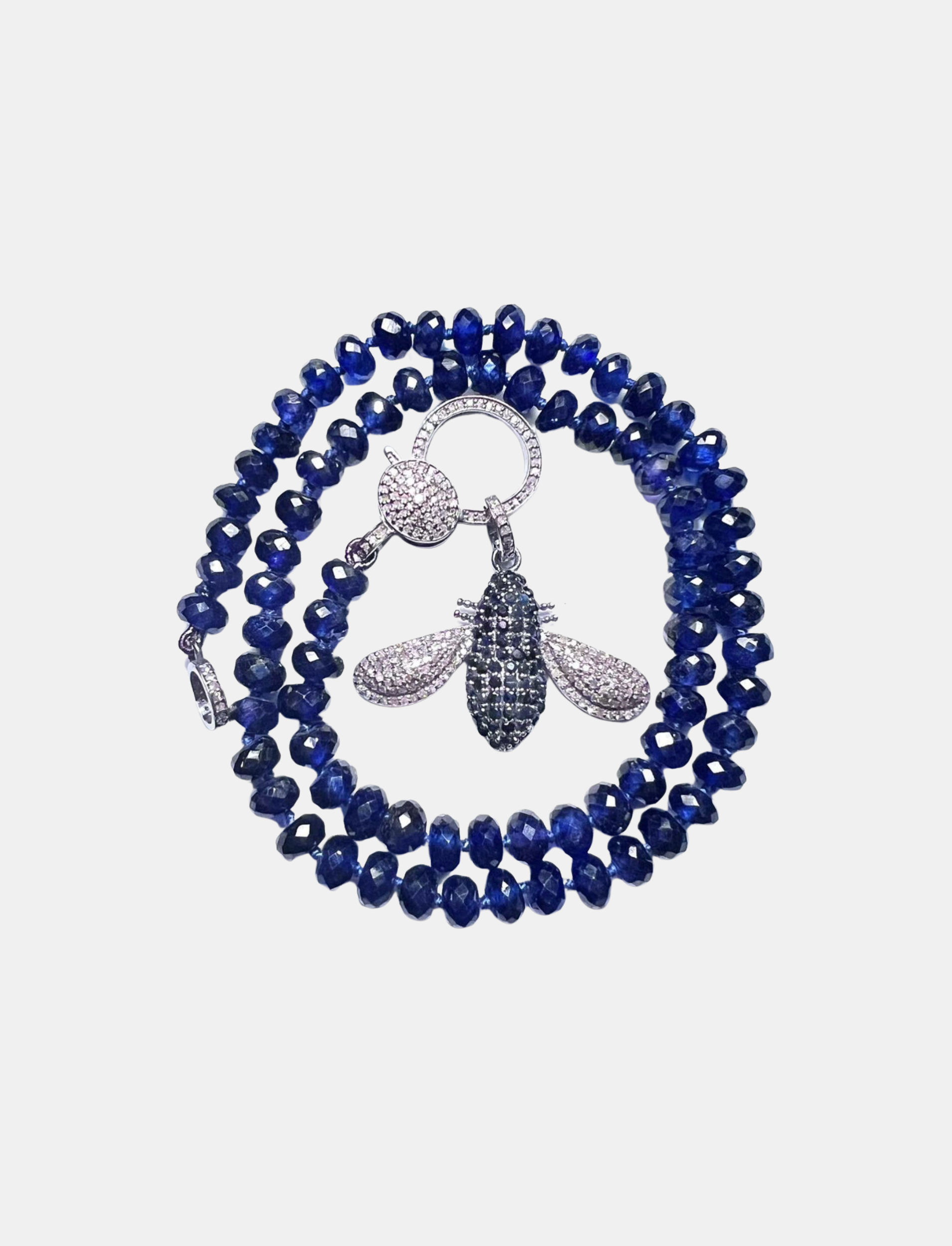 Blue Sapphire Knotted Necklace with Blue Sapphire Bee