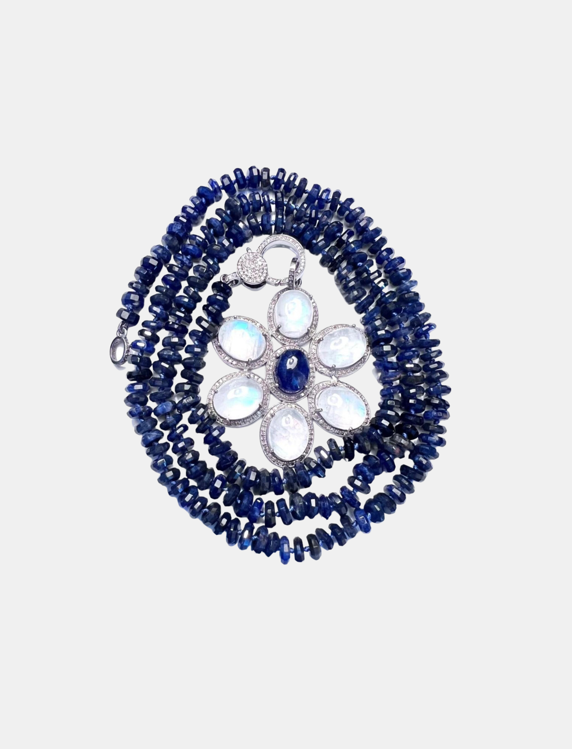 Sodalite Knotted Necklace, Large Pave Diamond Clasp, Pave Diamond Sapphire & Moonstone Flower