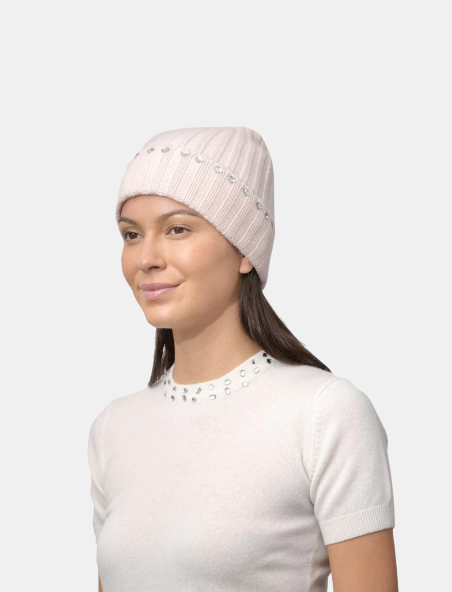 Ribbed Cuff Beanie with Heart Crystals