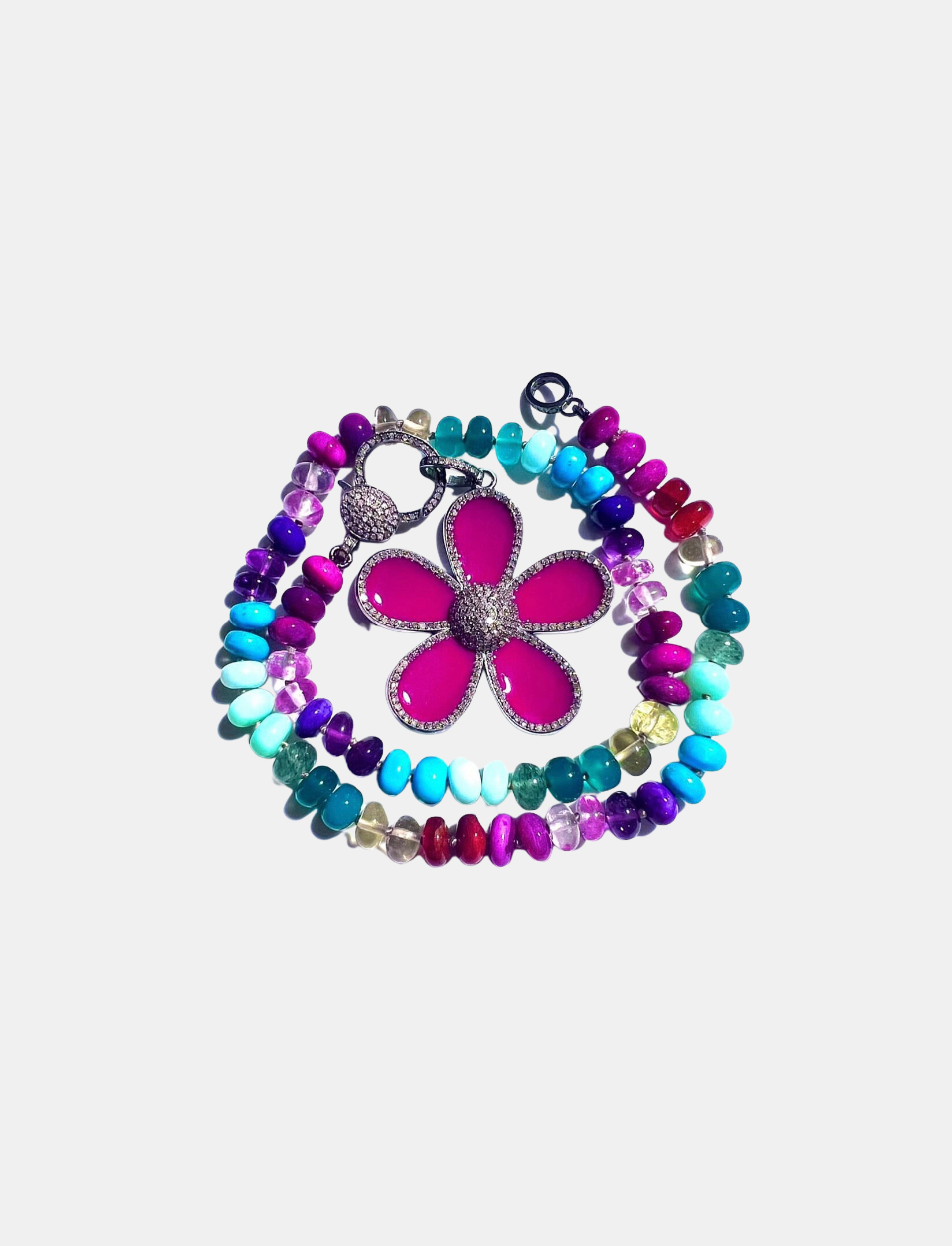 Mixed Gem Knotted Necklace, Large Pave Diamond Clasp, Large Pave Diamond Fuchsia Flower