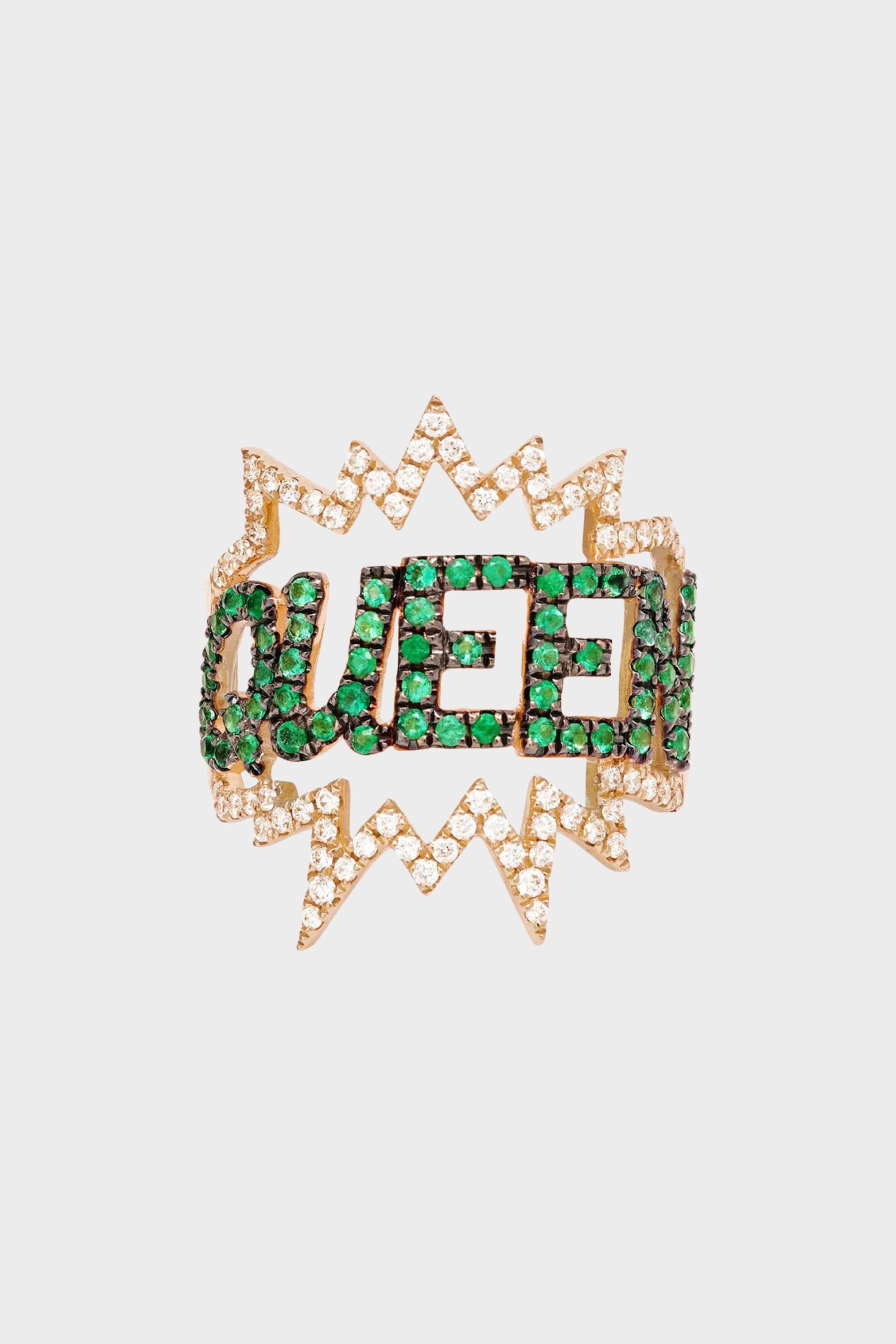 Queen Pop Art Ring In Green Emeralds