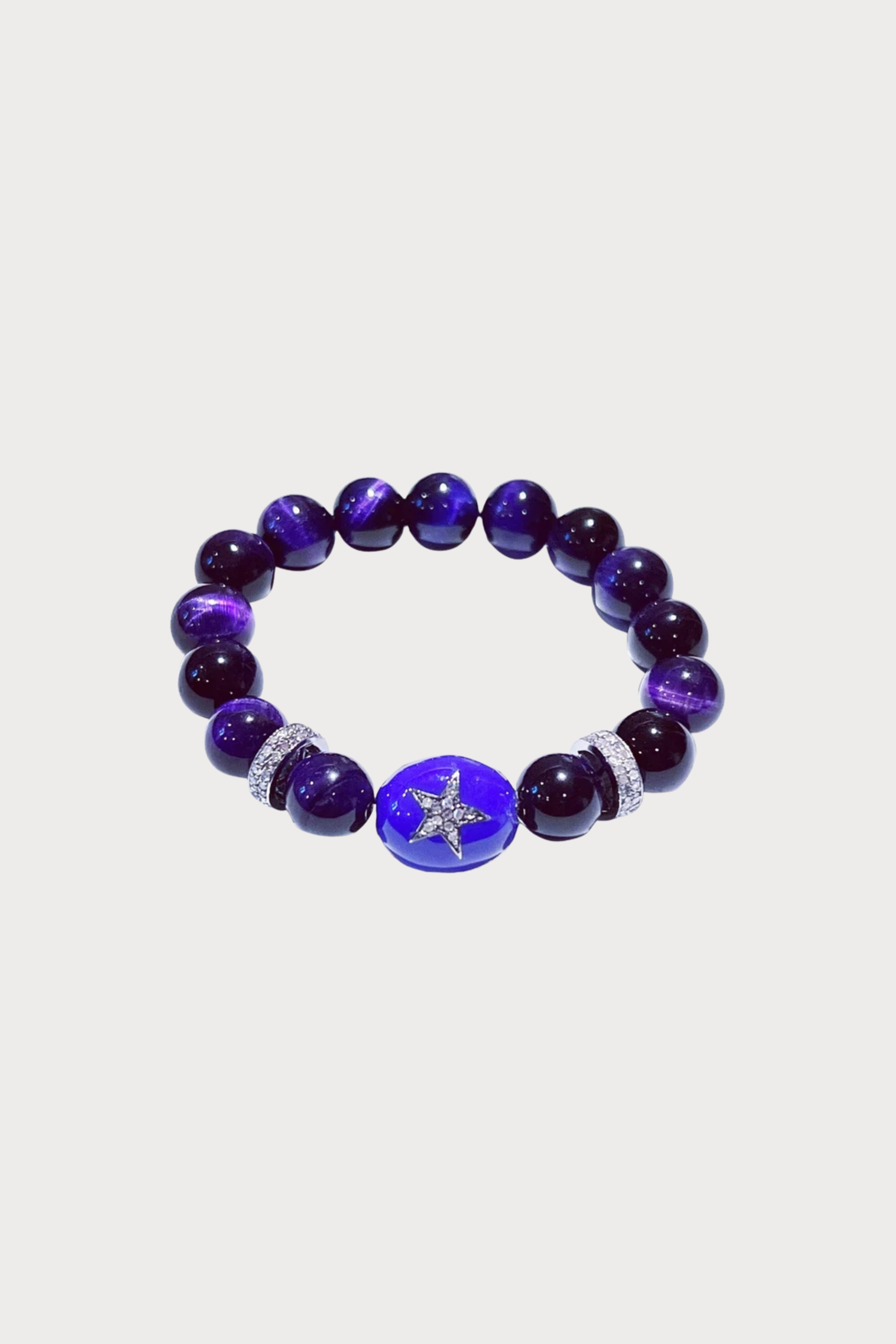 Purple Tiger Eye Stretch Bracelet, Double Row Pave Diamond Spacers, Double Sided Pave Diamond Purple Enamel Star