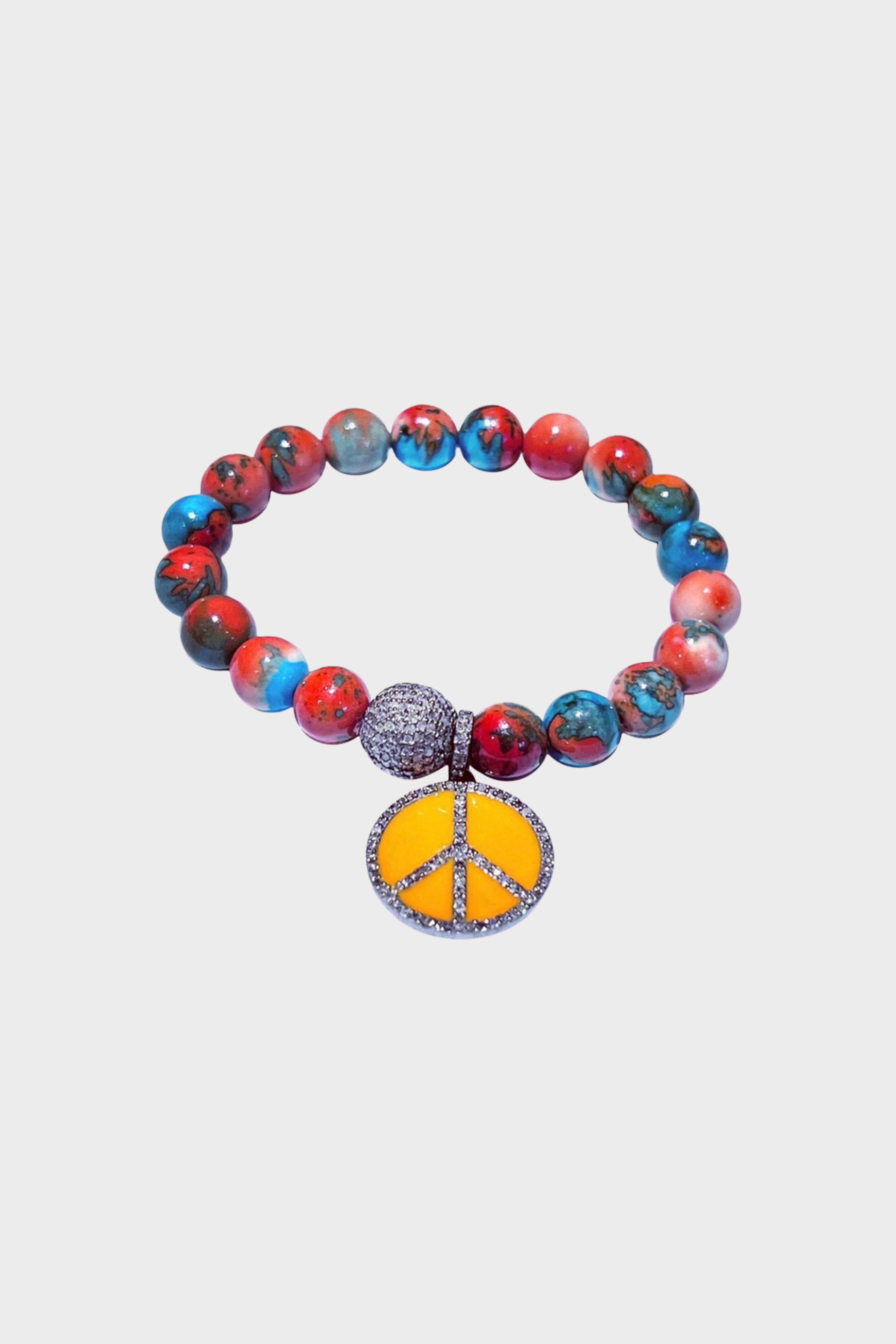 Jasper Orange & Turquoise Bracelet, Pave Diamond Ball, Pave Diamond Orange Enamel Peace