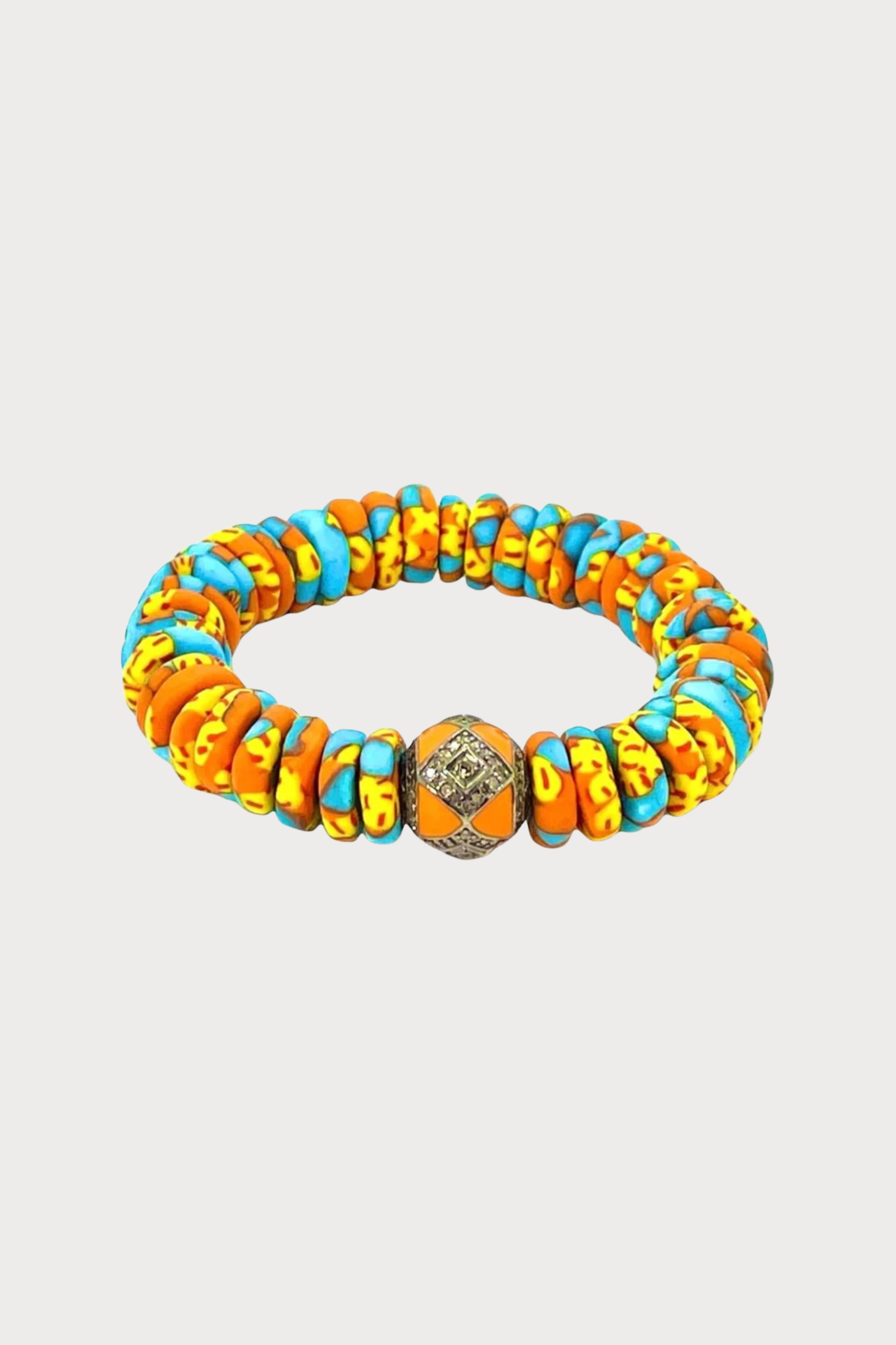 Orange Ghana Stretch Bracelet with a Orange Pave Diamond Ball Charm