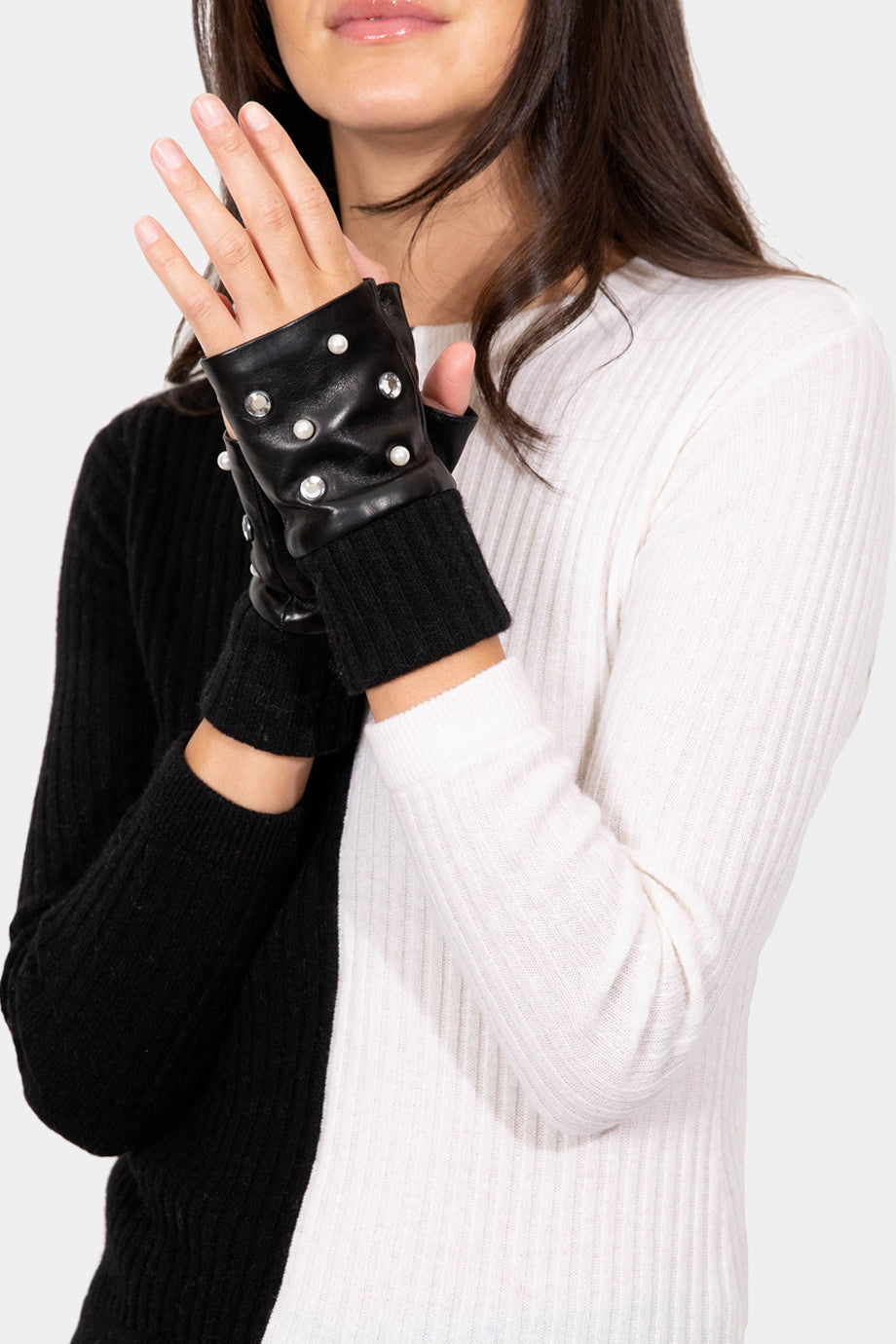 Leather Short Fingerless Gloves with Scattered Crystals and Pearls