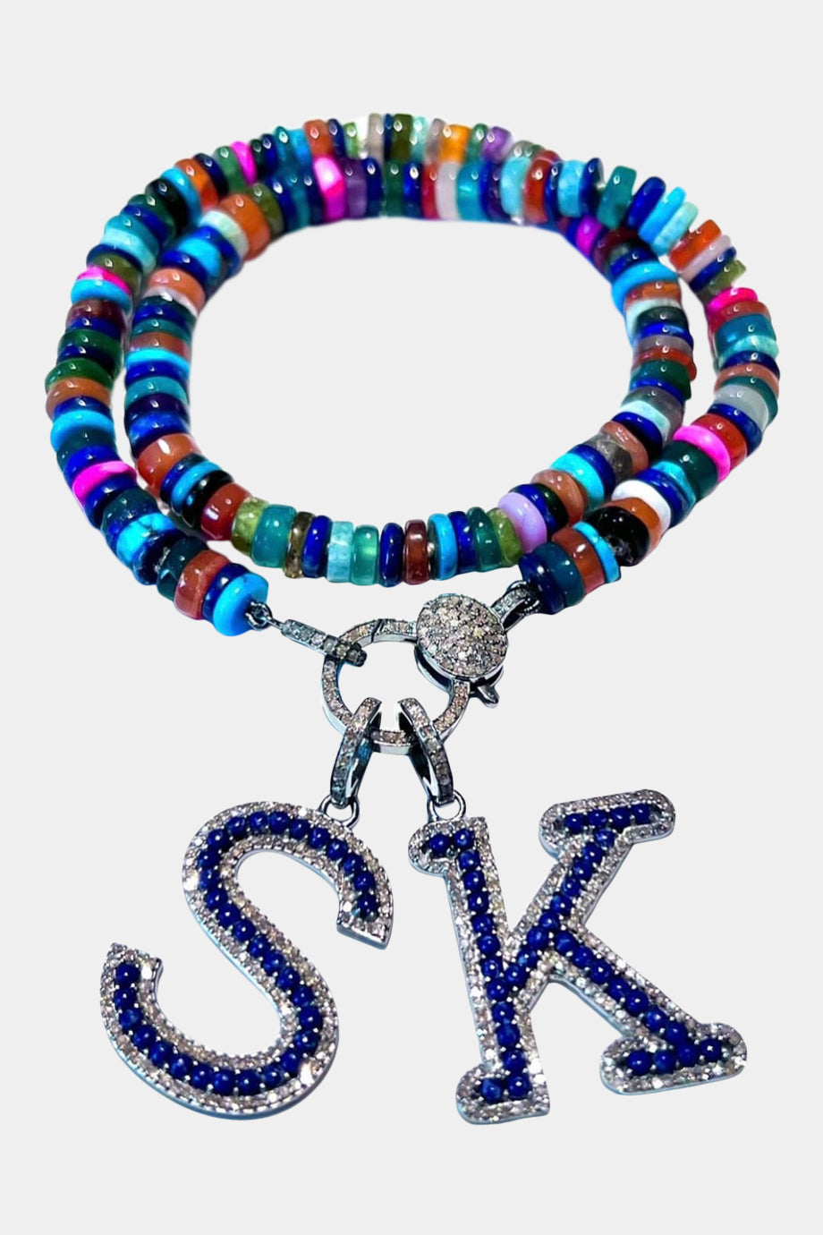 Multi Color Gem Knotted Diamond Lapis Letter Necklace