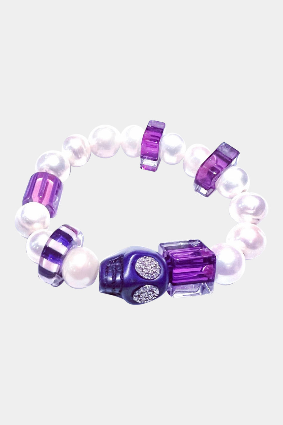 Purple Glass & Fresh Water Pearl Bracelet, Pave Diamond Purple Skull