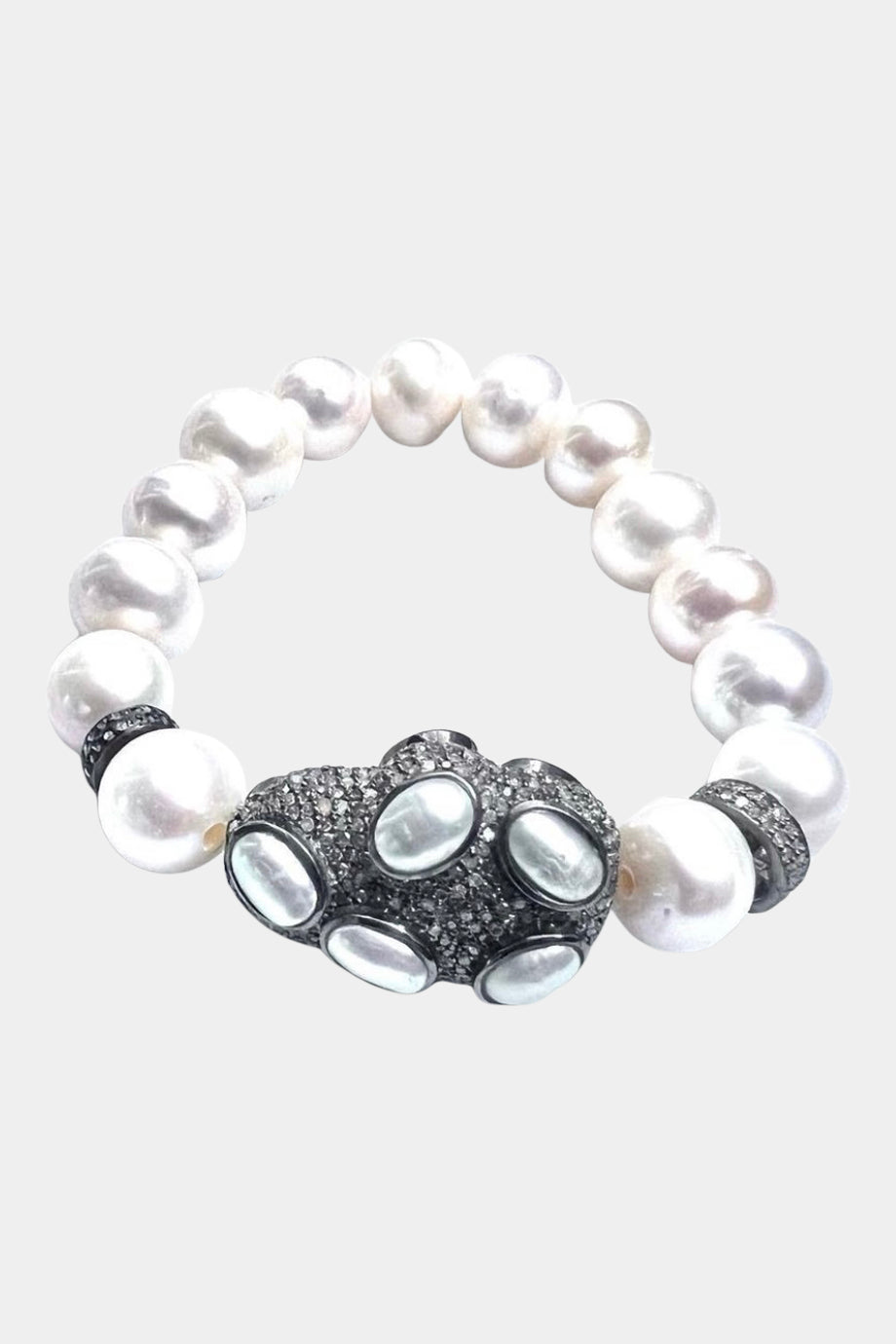 Pearl Bracelet, Double Row Diamond Accents, Large Pave Diamond & Pearl Nugget