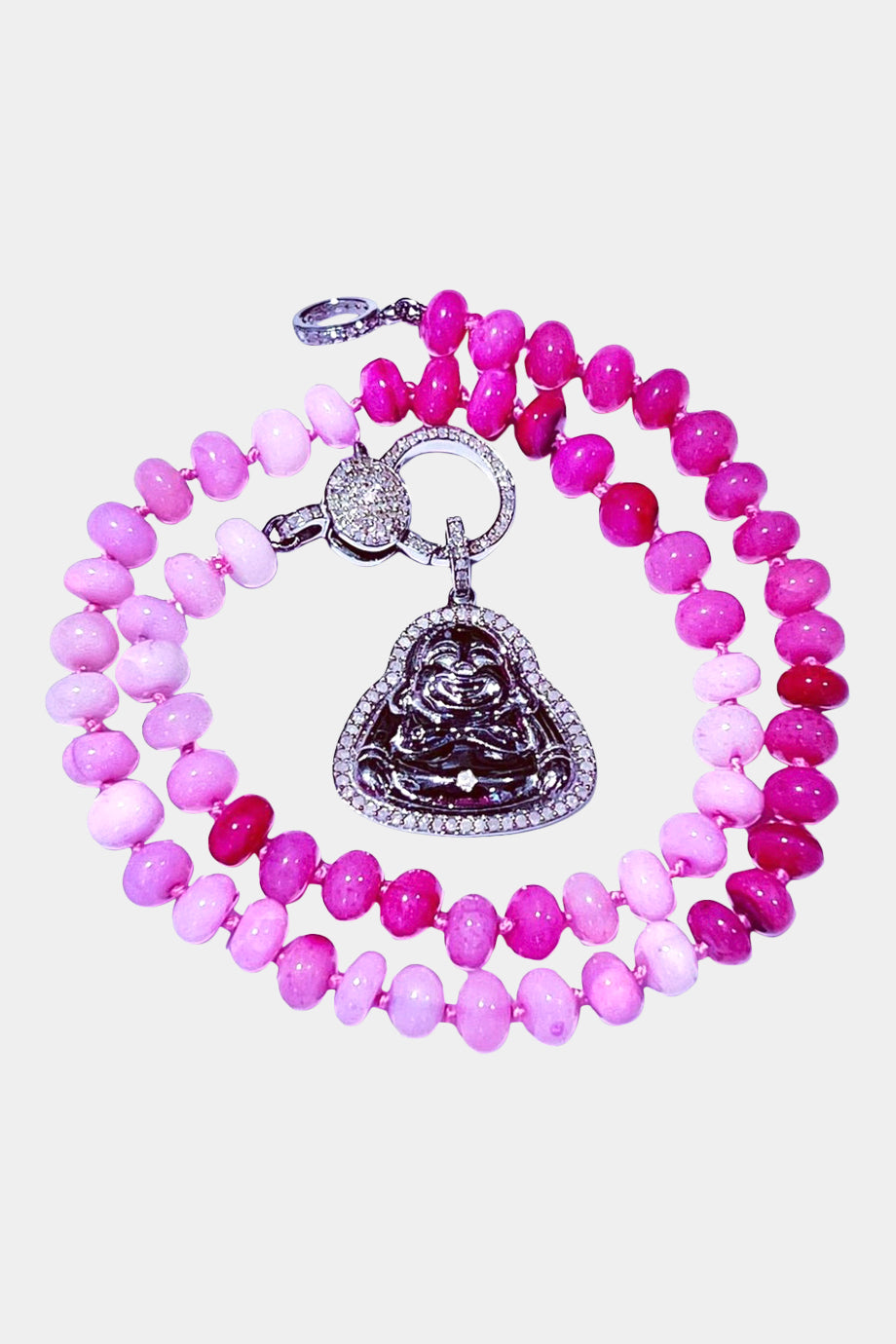 Pink Opal Knotted Necklace, Large Pave Diamond Clasp, Pave Diamond & Sterling Silver Buddha