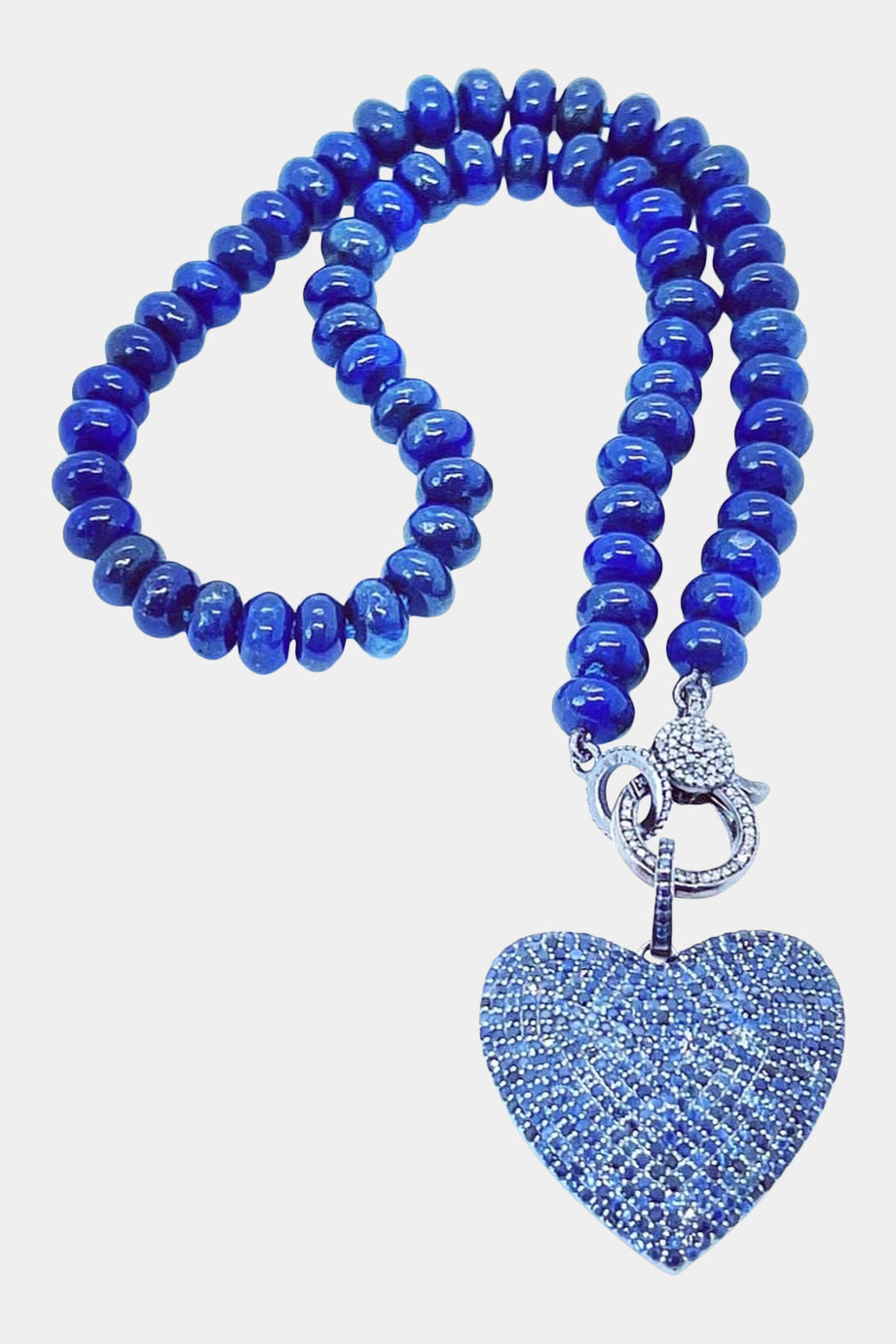 Lapis Knotted Necklace, Pave Diamond Clasp, Pave Sapphire Heart