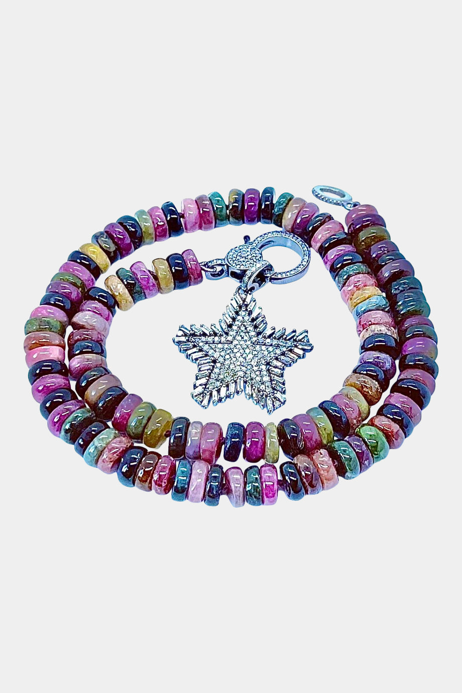 Multi Color Tourmaline Knotted Necklace, Sterling Silver Pave Diamond Clasp, Sterling Silver Pave Diamond & Baguette