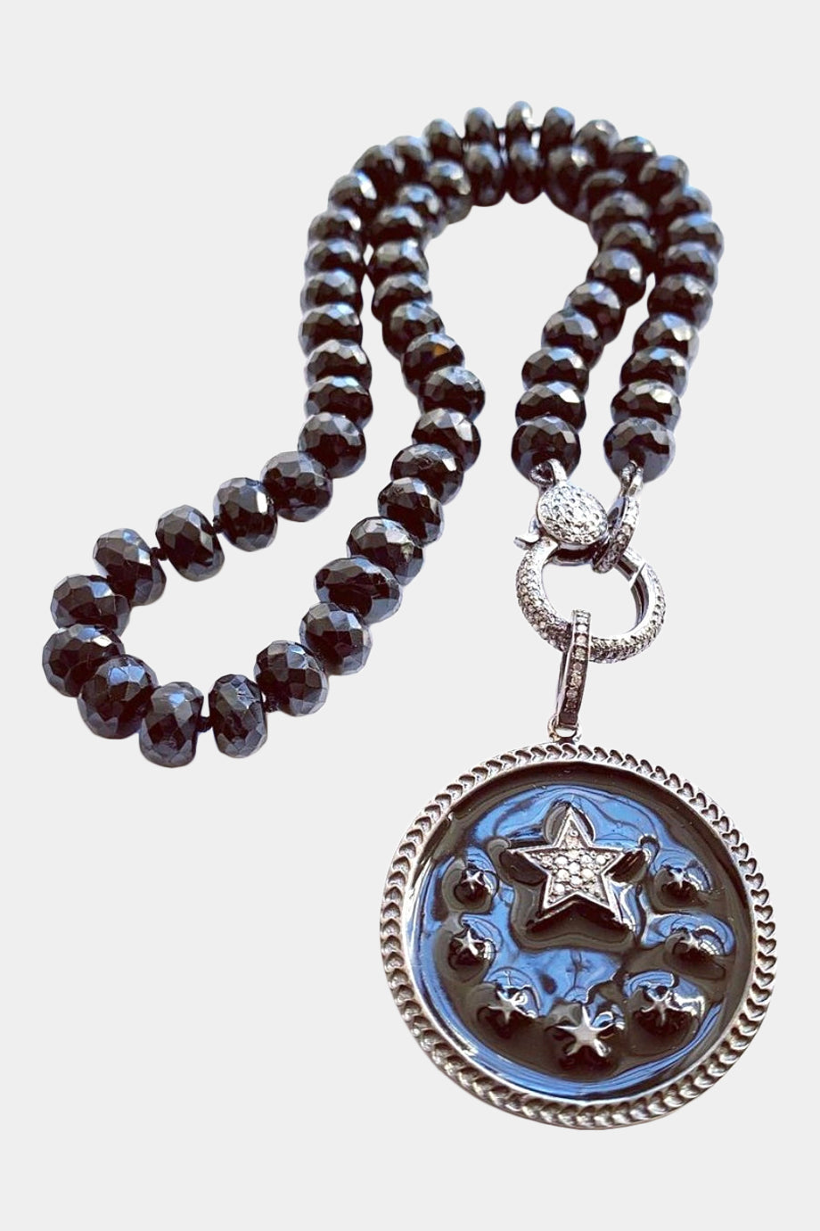 Spinel Knotted Necklace Black Enamel Star Pendant
