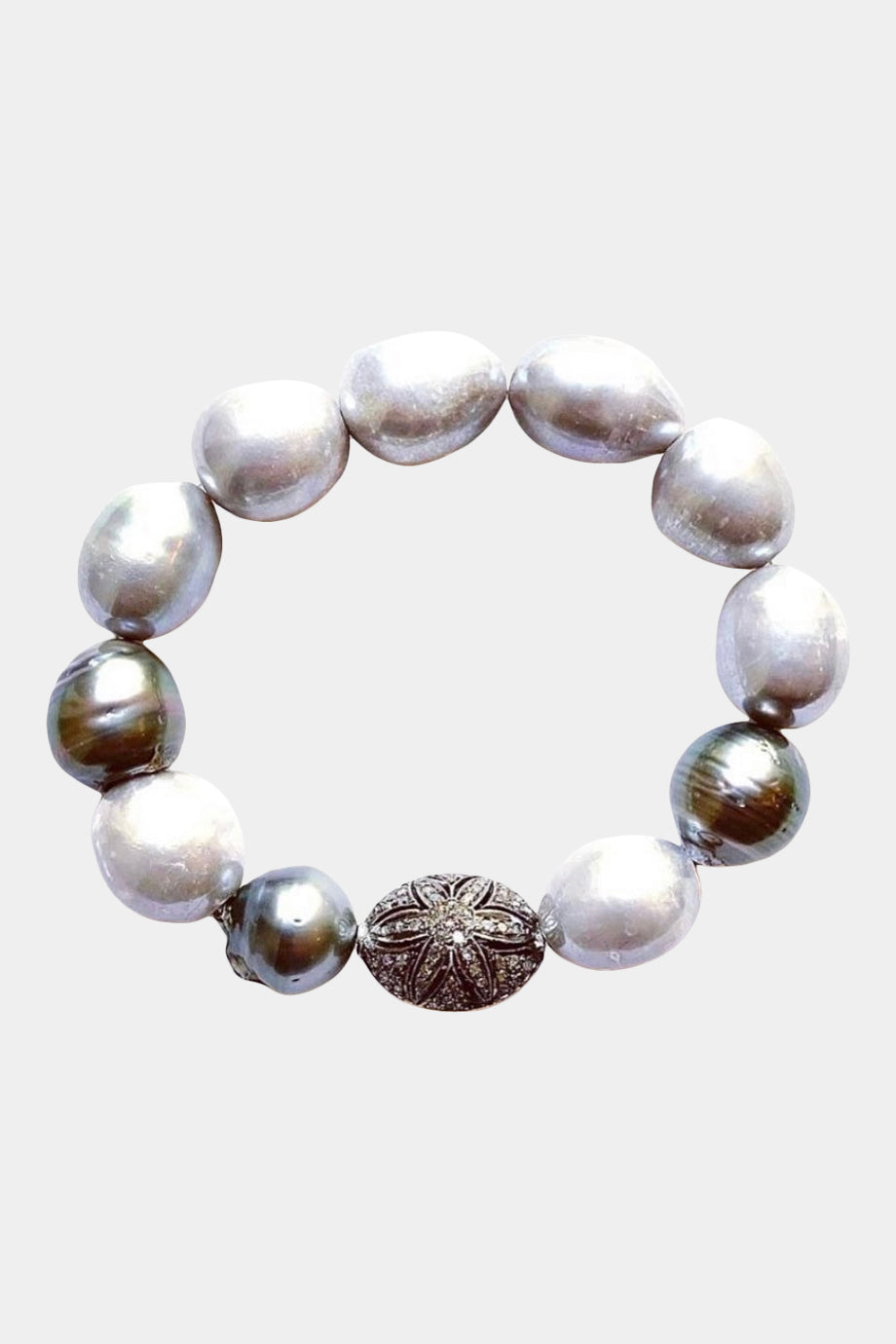Tahitian & Fresh Water Pearl Bracelet Silver Diamond Ball