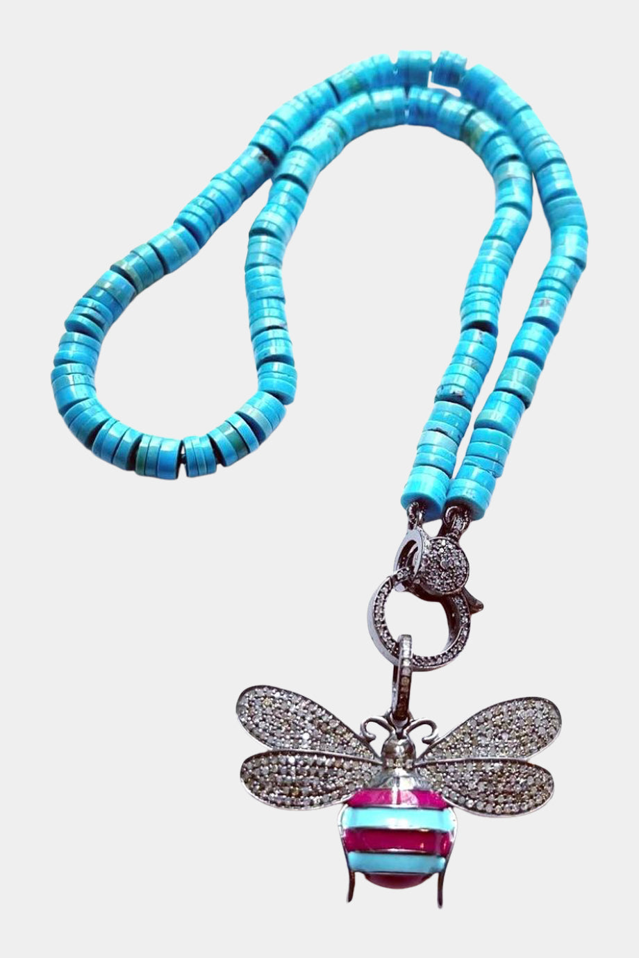 Long Turquoise Necklace with Bumble Bee Pendant