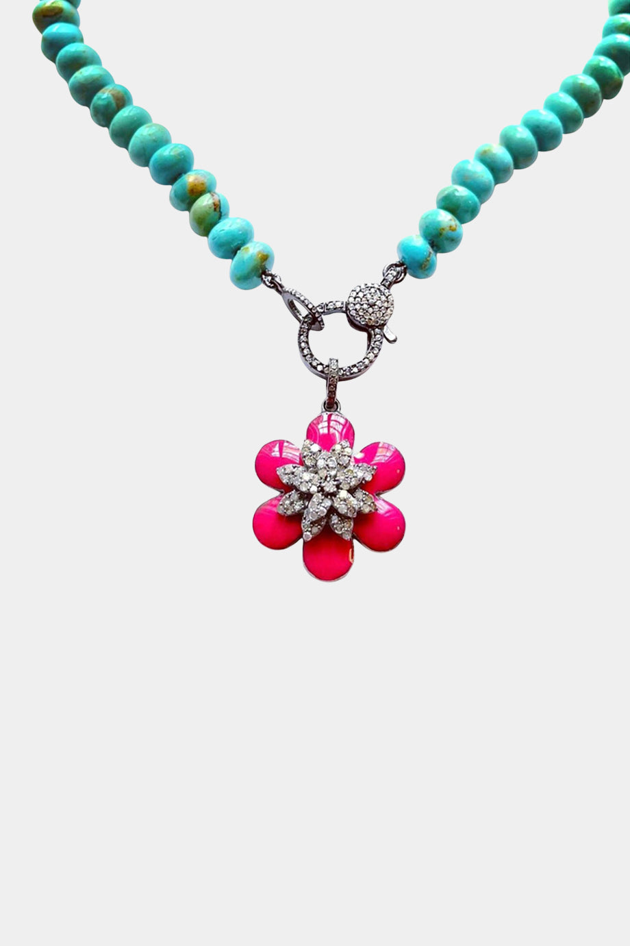 Turquoise Knotted Necklace with a Fuchsia Flower Pendant