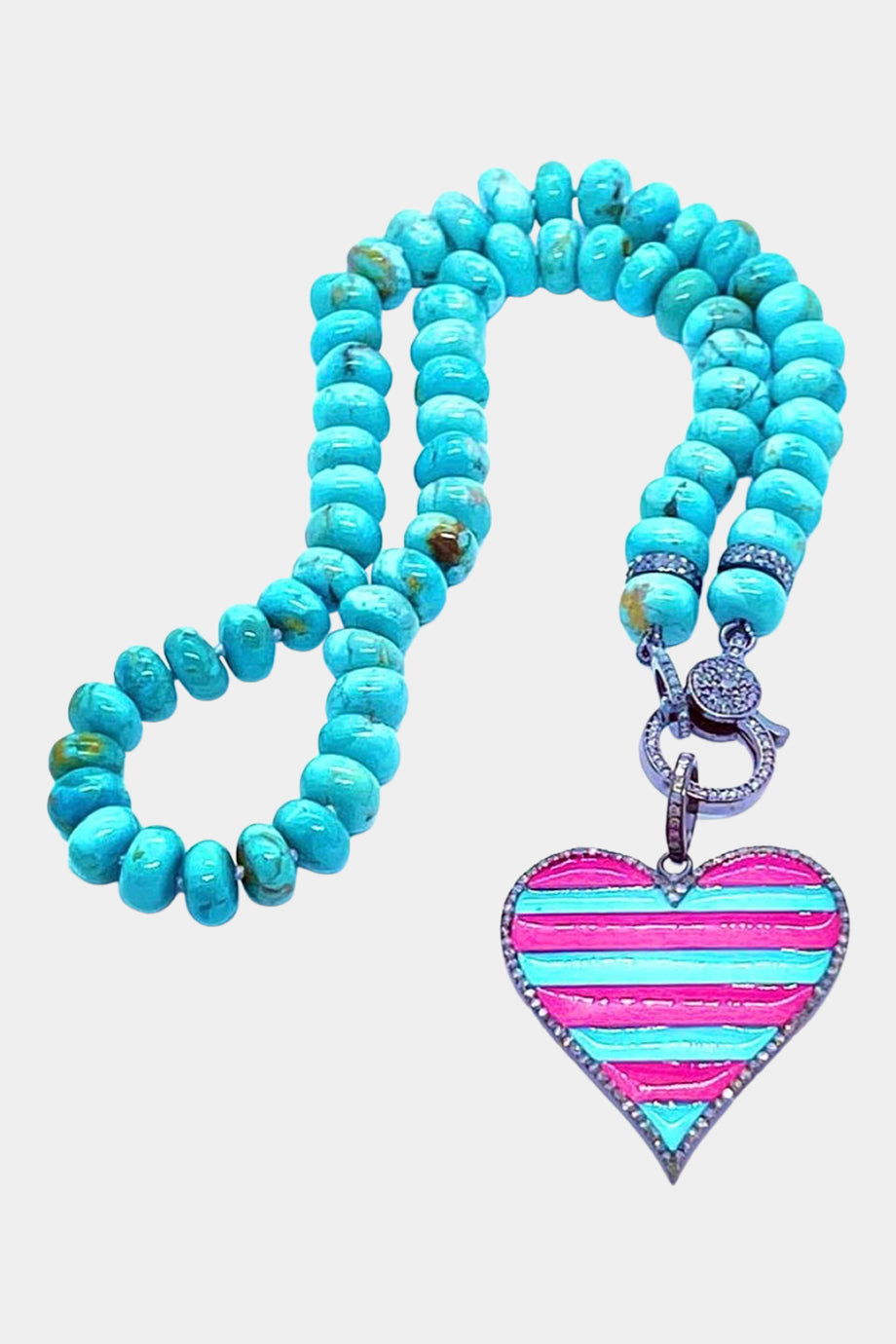 Turquoise Knotted Necklace with a Fuchsia & Turquoise Heart Pendant