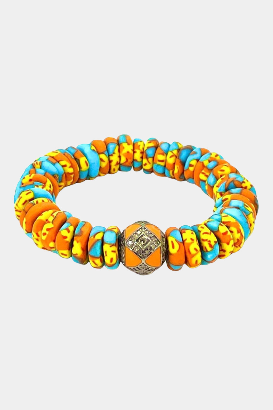 Orange Ghana Stretch Bracelet with a Orange Pave Diamond Ball Charm