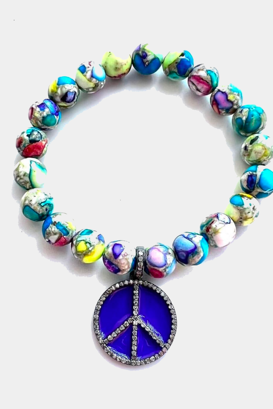 Colorful Jasper Stretch Bracelet with Purple Enamel Peace